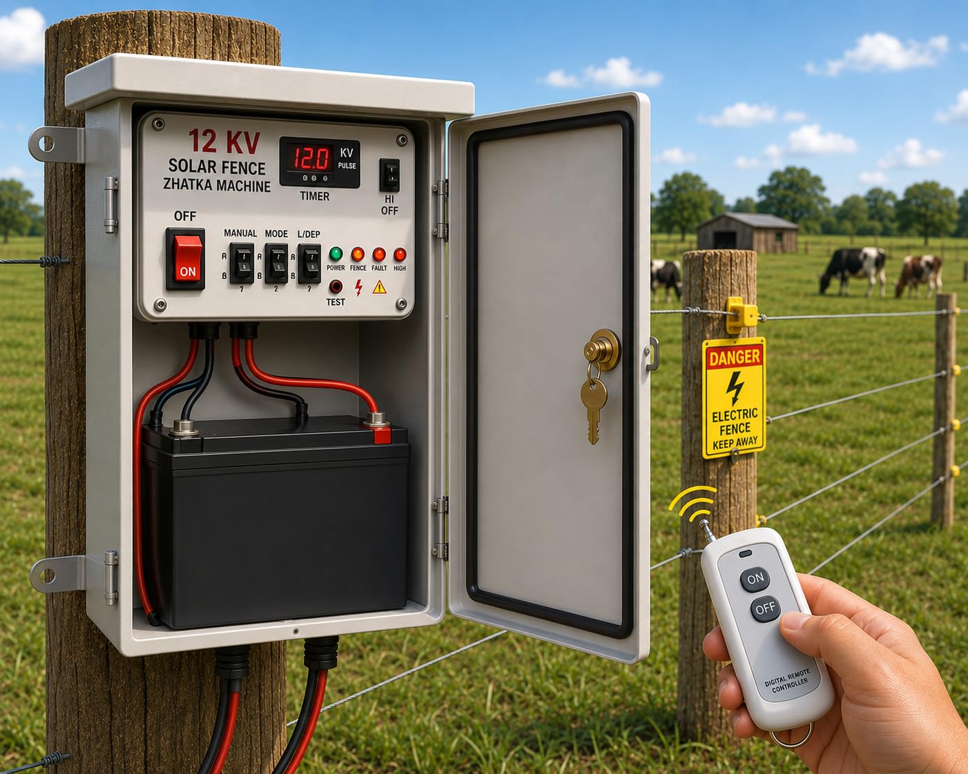 Remote Control Zatka Machine 12kv 30 Acre with Inbuilt 13AH Batter, Metal Box, Remote and Lock & Cable Accessories-image-9