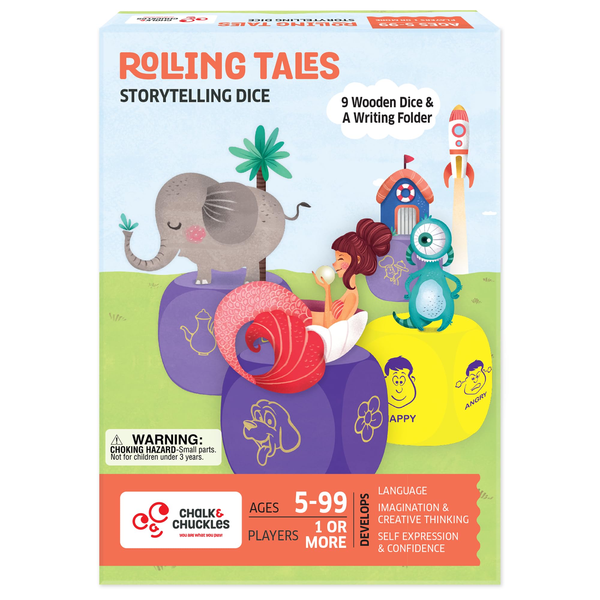 Chalk and Chuckles Rolling Tales Dice Game - 9 Wooden Dice for Storytelling Fun for Kids Ages 5+