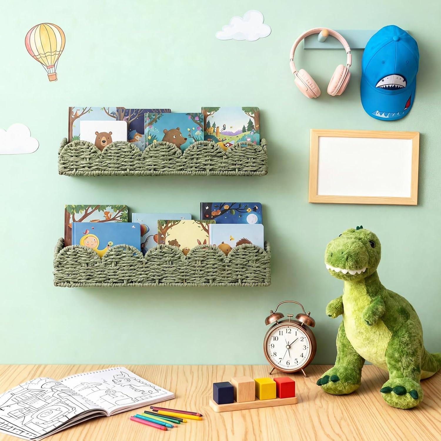 AceOrbit 2 Pcs Floating Bookshelf for Kids Scalloped Handwoven Rattan Floating Nursery Book Shelves Sage Green Boho Nurserywall Mounted Book Shelf for Baby Girls Boys Room Decor