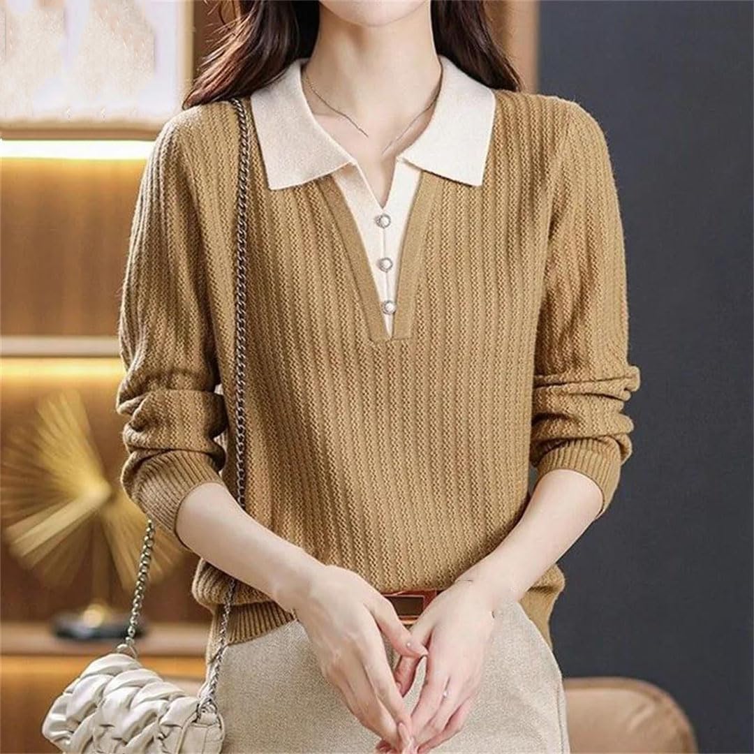 Abbigliamento da donna Turn Down Collar Falso Due Pezzi Maglioni Inverno Pulsante Patchwork Casual Manica Lunga Maglia Top
