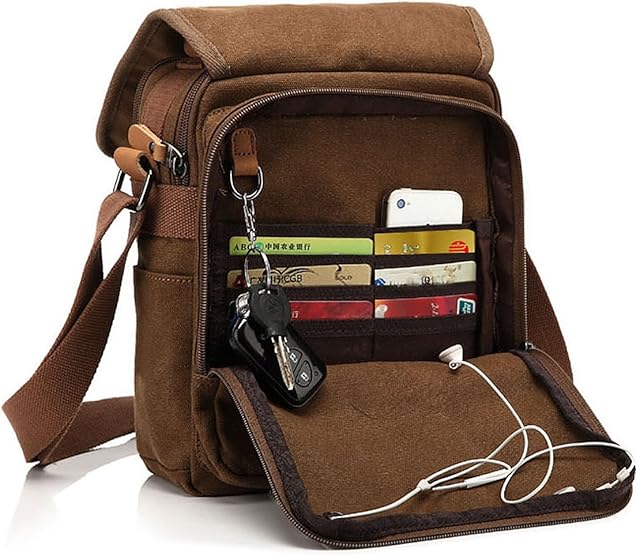 CHEREEKI Canvas Bag, Shoulder Bag Messenger Bag with Multiple Pockets (Hold 10 inch Tablet, iPad, Kindle)
