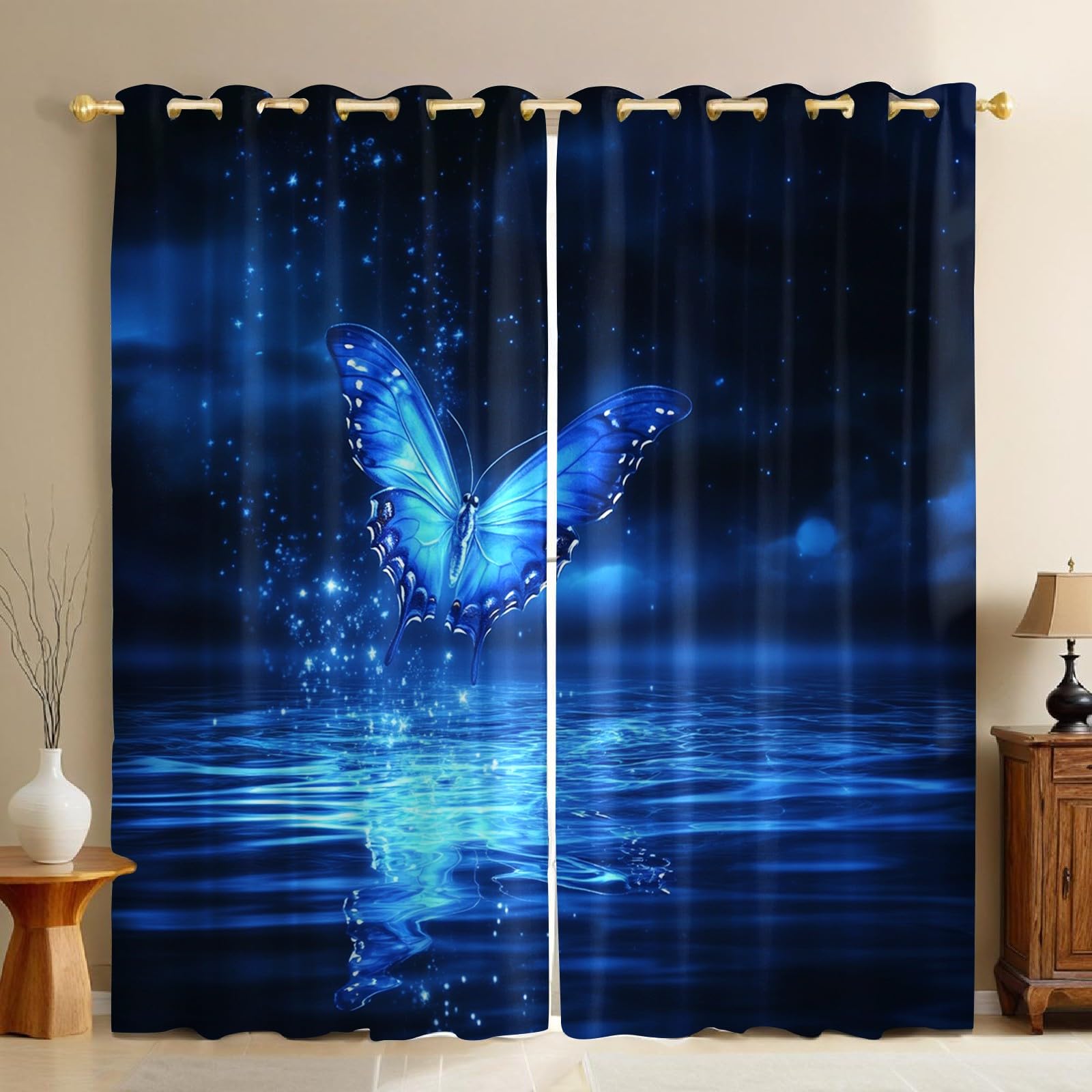 Lot de 2 rideaux occultants haut de gamme motif papillon bleu ciel avec œillets