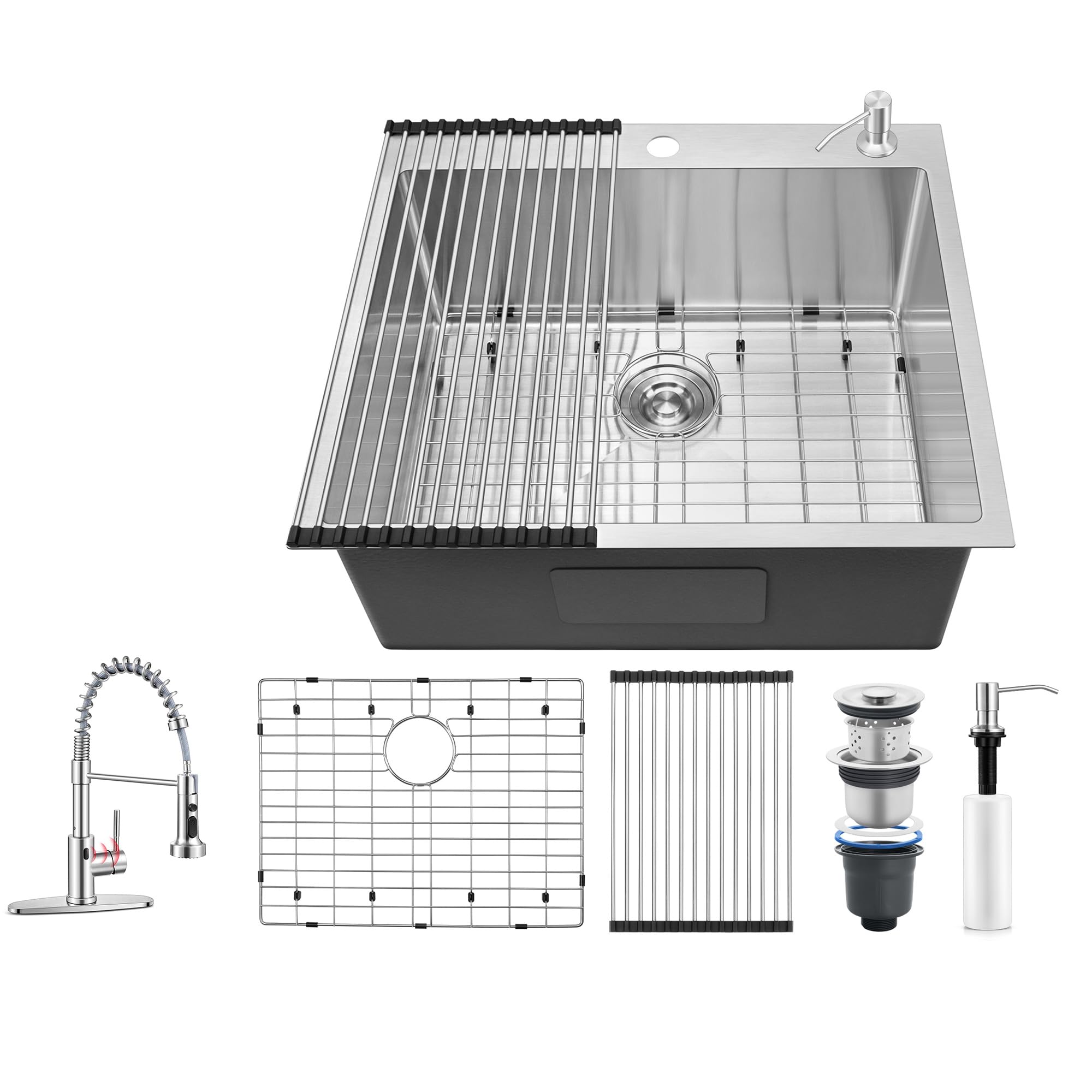 Homikit25 x 22 Inch Drop In Kitchen Sink &Touchless Kitchen Sink Faucet with Pull Down Sprayer,16 Gauge Stainless Steel Single Bowl Kitchen Sinks&Automatic Motion Sensor Smart Faucet