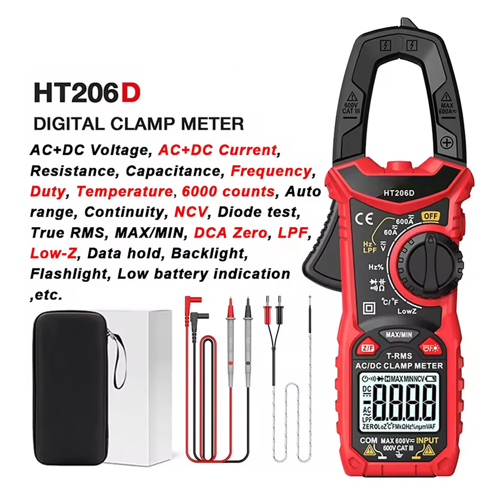 Akozon Pinza Amperometrica Multimetro Digitale Tester di Tensione NCV Rilevatore di Tensione Senza Contatto Sensore di Tester di Vero RMS Filtro Passa Basso a Bassa (HT206D)