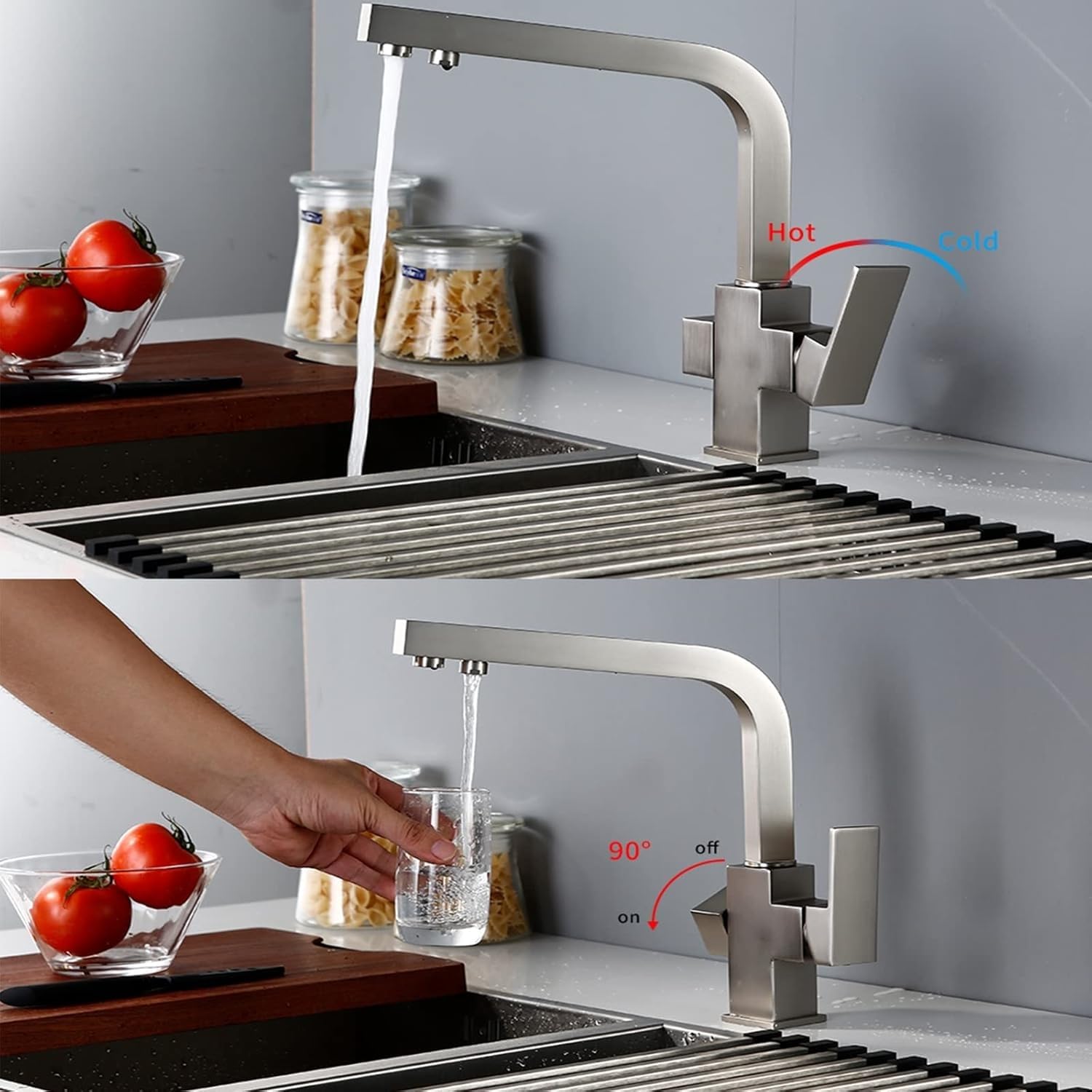 Filtre de robinet d'évier de cuisine en laiton chaud et froid 3 voies rotatif à 360 degrés d'eau potable brossé