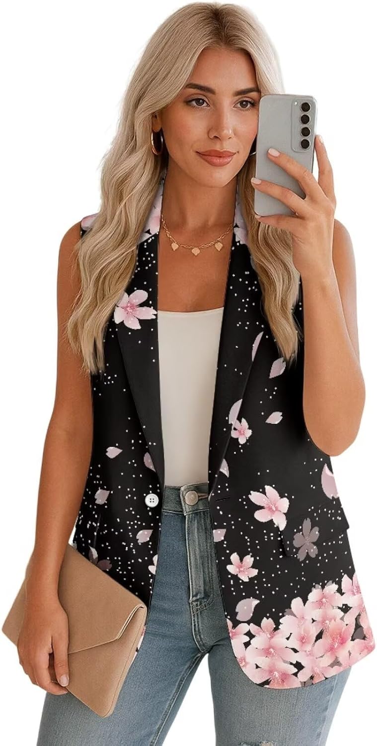 Sleeveless Vest Tops for Women One Button Casual Work Blazers Suit Jackets Lightweight Waistcoat with Pockets