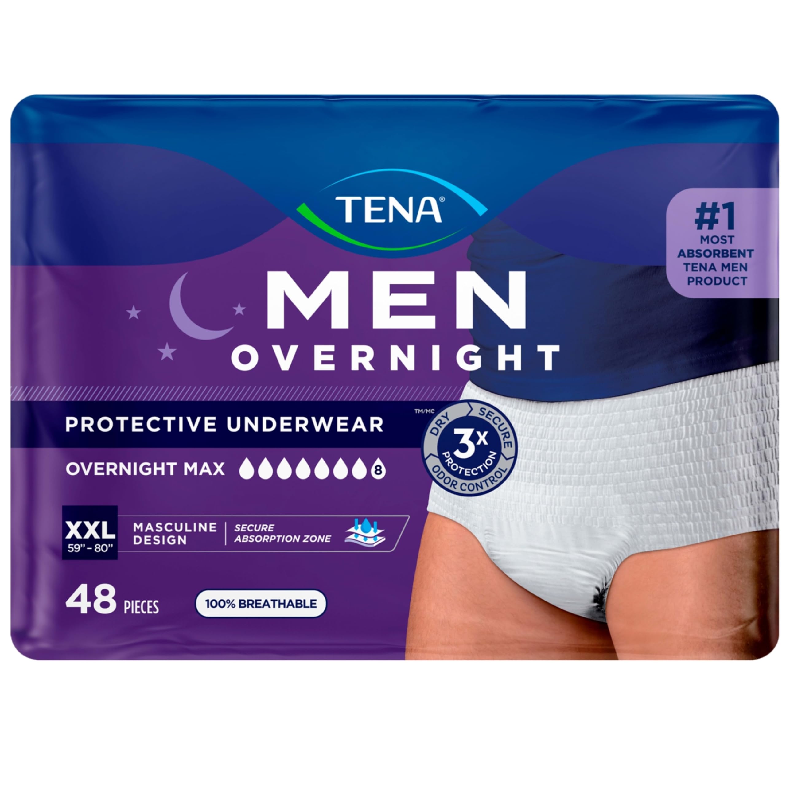 TENA Men Protective Incontinence Underwear for Men, Overnight Max Absorbency, White, XXL, 48 Count (Packaging May Vary)