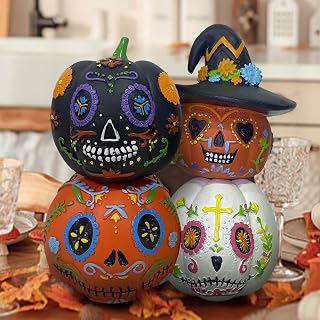 Day of The Dead Decorations, Dia De Los Muertos Skull Pumpkin Figurine Decor, Pumpkin Halloween Decorations, Mexican Fiesta Party Supplies (4PC)