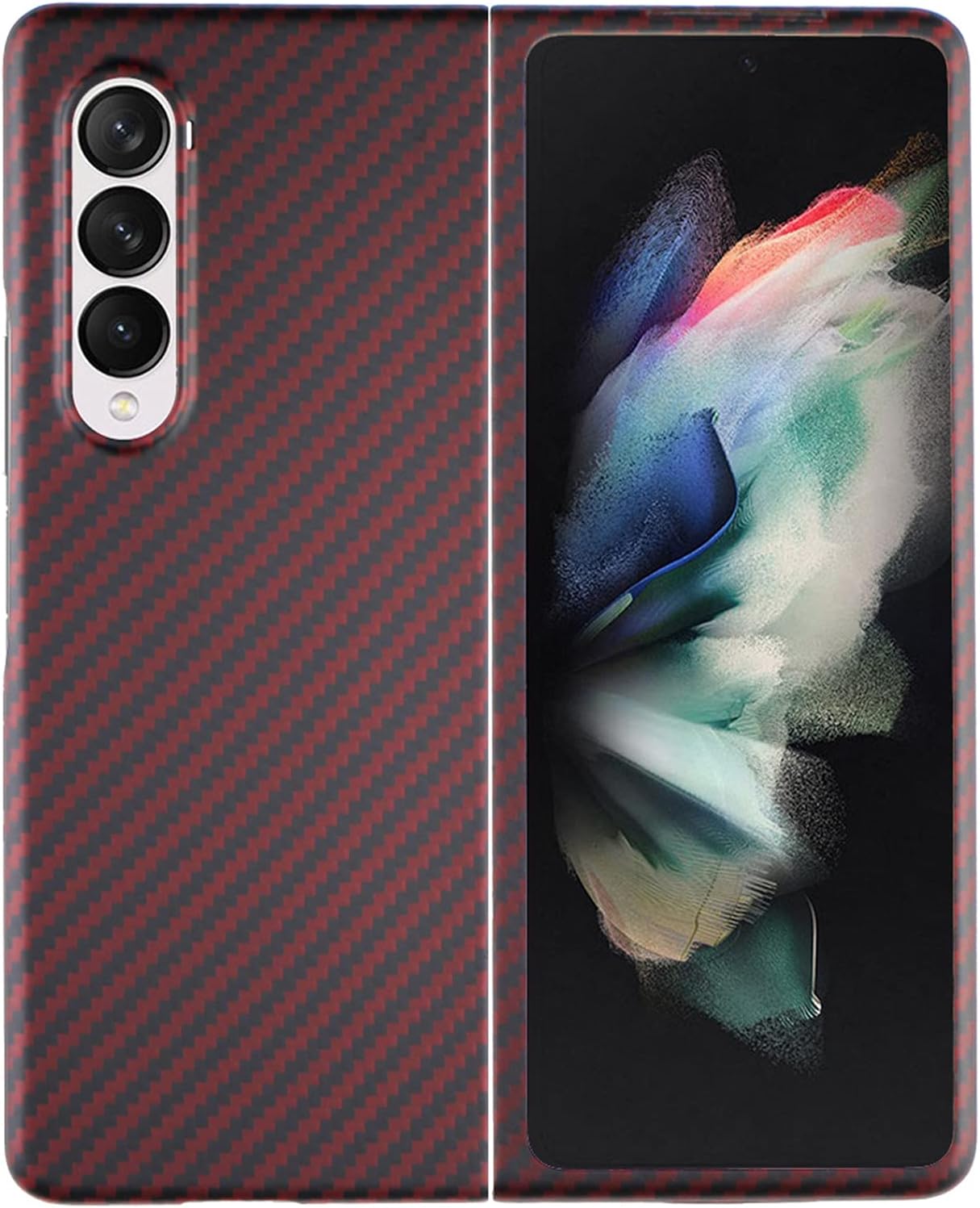 HAO Carbon Fiber Phone Case Compatible with Samsung Galaxy Z Fold 3 5G, Lightweight Slim Thin Shockproof Cover Case, 100% Aramid Fiber Anti-Scratch Case for Galaxy Z Fold 3 5G (Red)