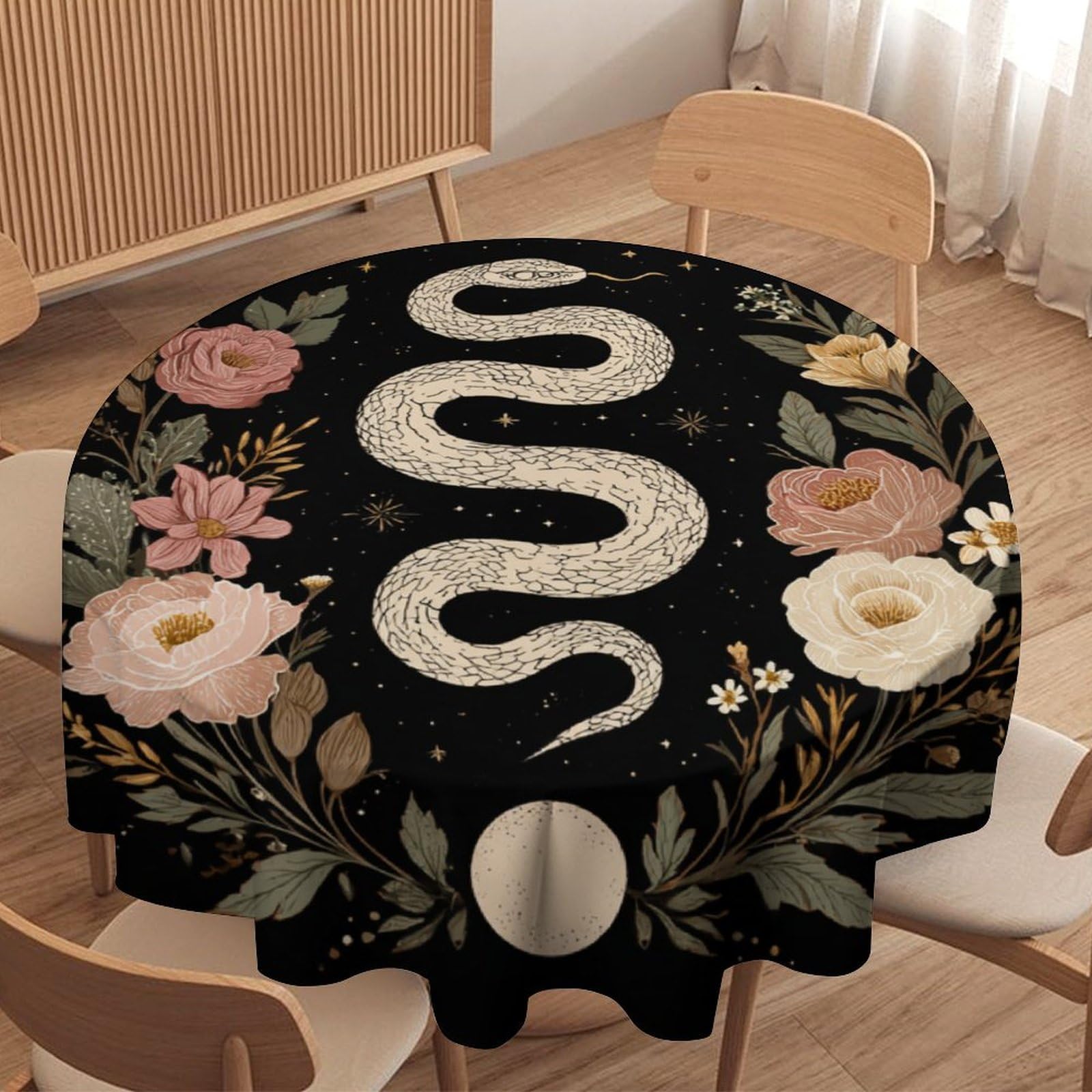LUYYSKY Classic Exotic Animal Snake Round Tablecloth Rustic Abstract Boho Moon Phase Plant Floral Pattern Washable Decor for Table Cover for Kitchen-127 Wx127 L cm