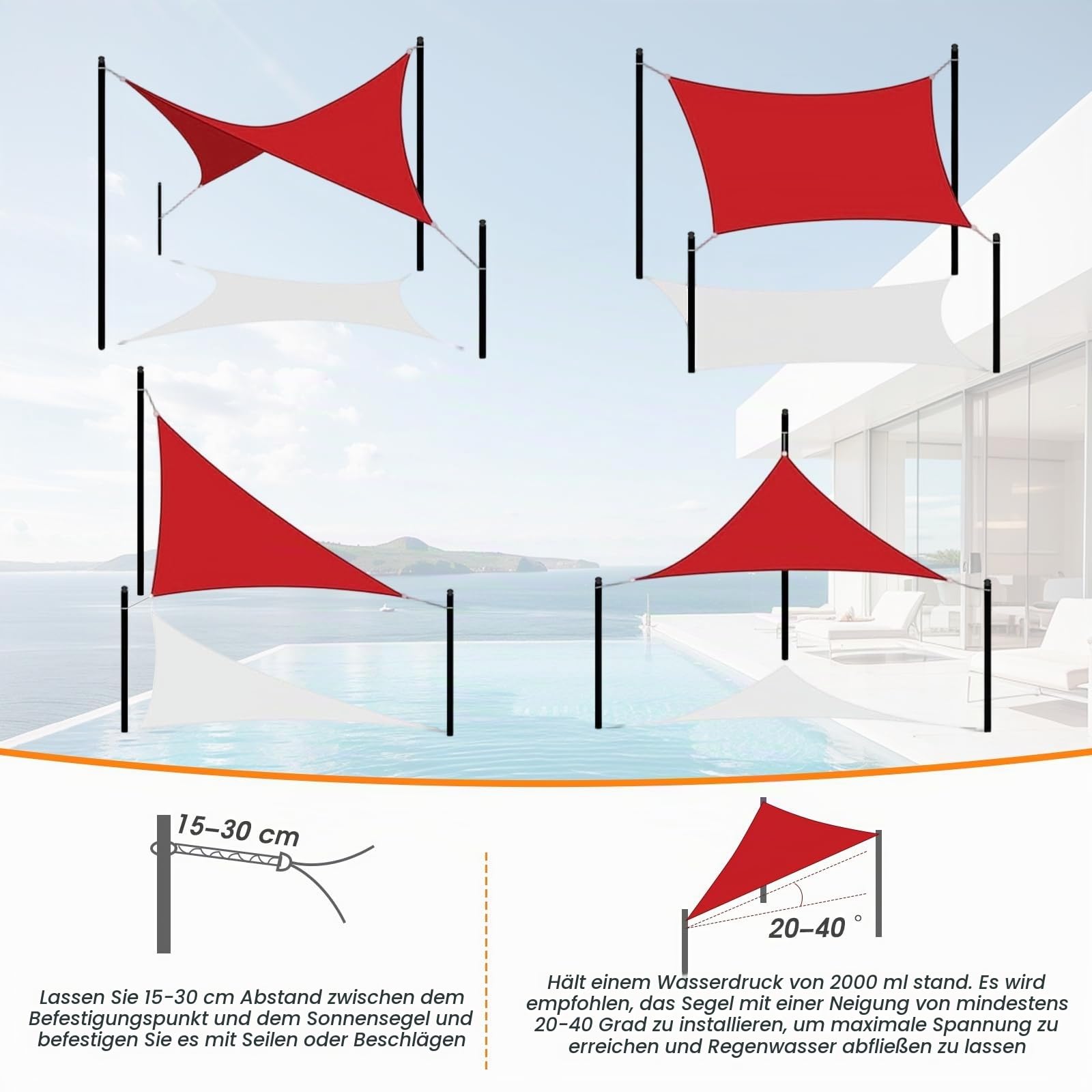Sonnensegel 2x5m Rechteckig Wasserdicht Segeltuch Sonnenschutz Windschutz PES Polyester 98% UV-Schutz für Balkon Terrasse Garten Schwimmbad, Cremweiß