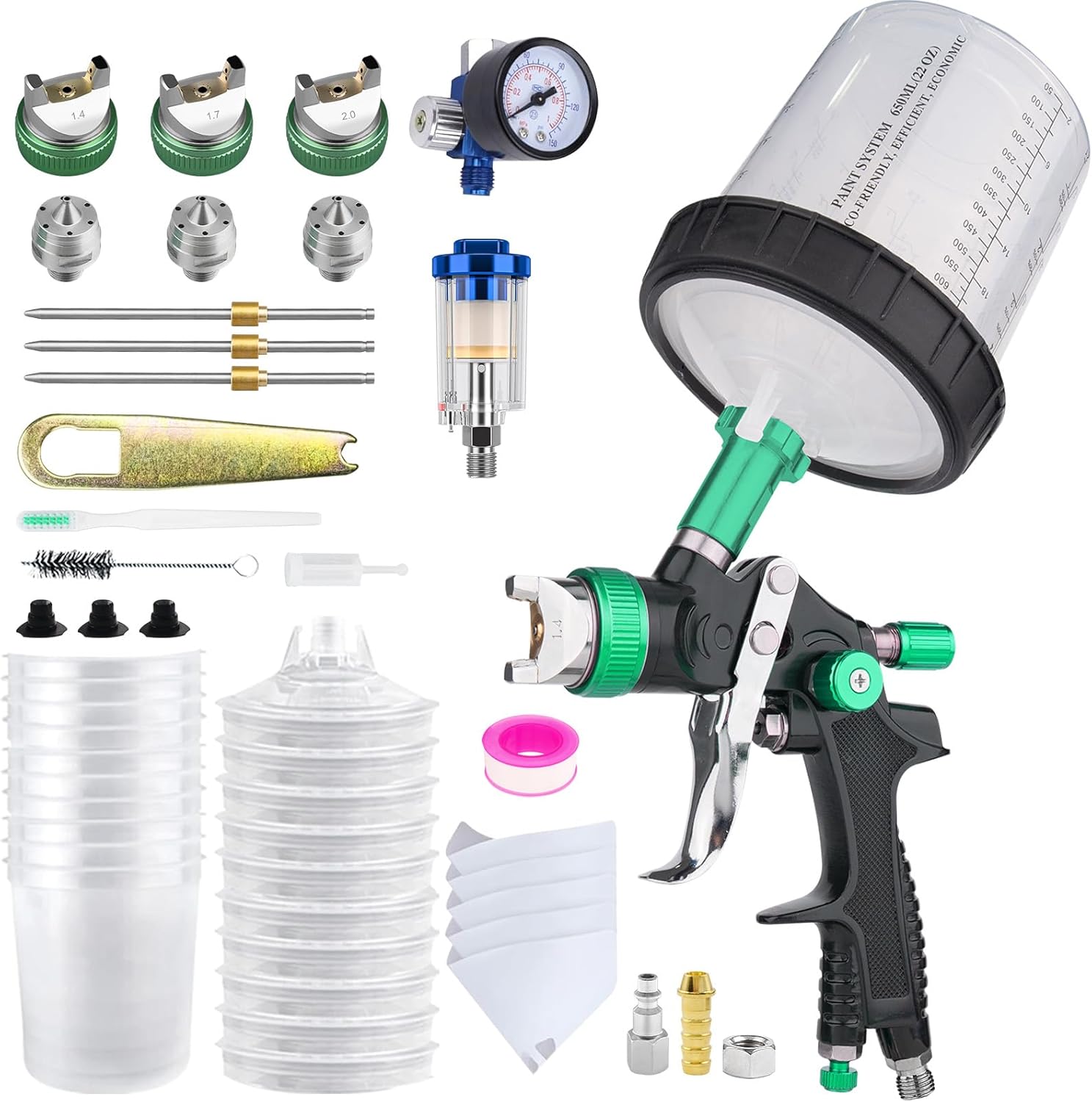 HVLP Air Spray Gun Kit Includes 10 Disposable 650ml Paint Cups with 1.4/1.7/2.0mm Nozzles. The Automotive Paint Spray Gun can be Used for Primer, Clear Topcoat Application(Black)