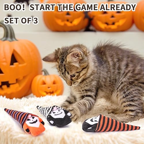 Miniatura 6 de Retro Shaw Juguetes para gatos de Halloween, gnomos, 3 piezas de hierba gatera con sonido arrugado para gatos de interior, gatitos, juguete