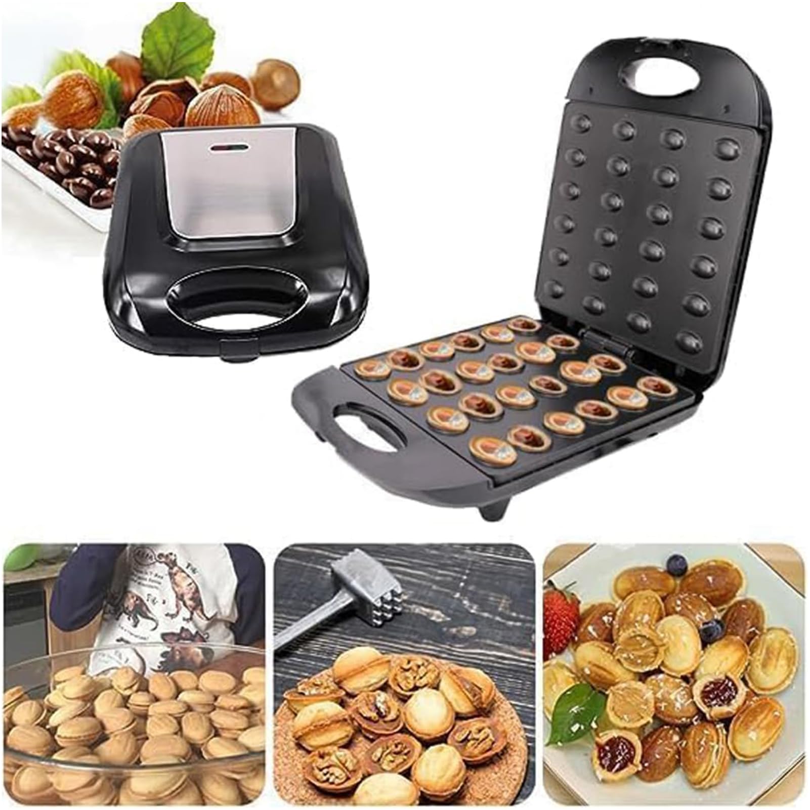 24 Walnut Cookie Maker, 1400W Electric Nut Walnut Cake Maker with Non Stick Coating and Indicator Light, Support Double Sided Heating, Homemade Dried Fruit Maker