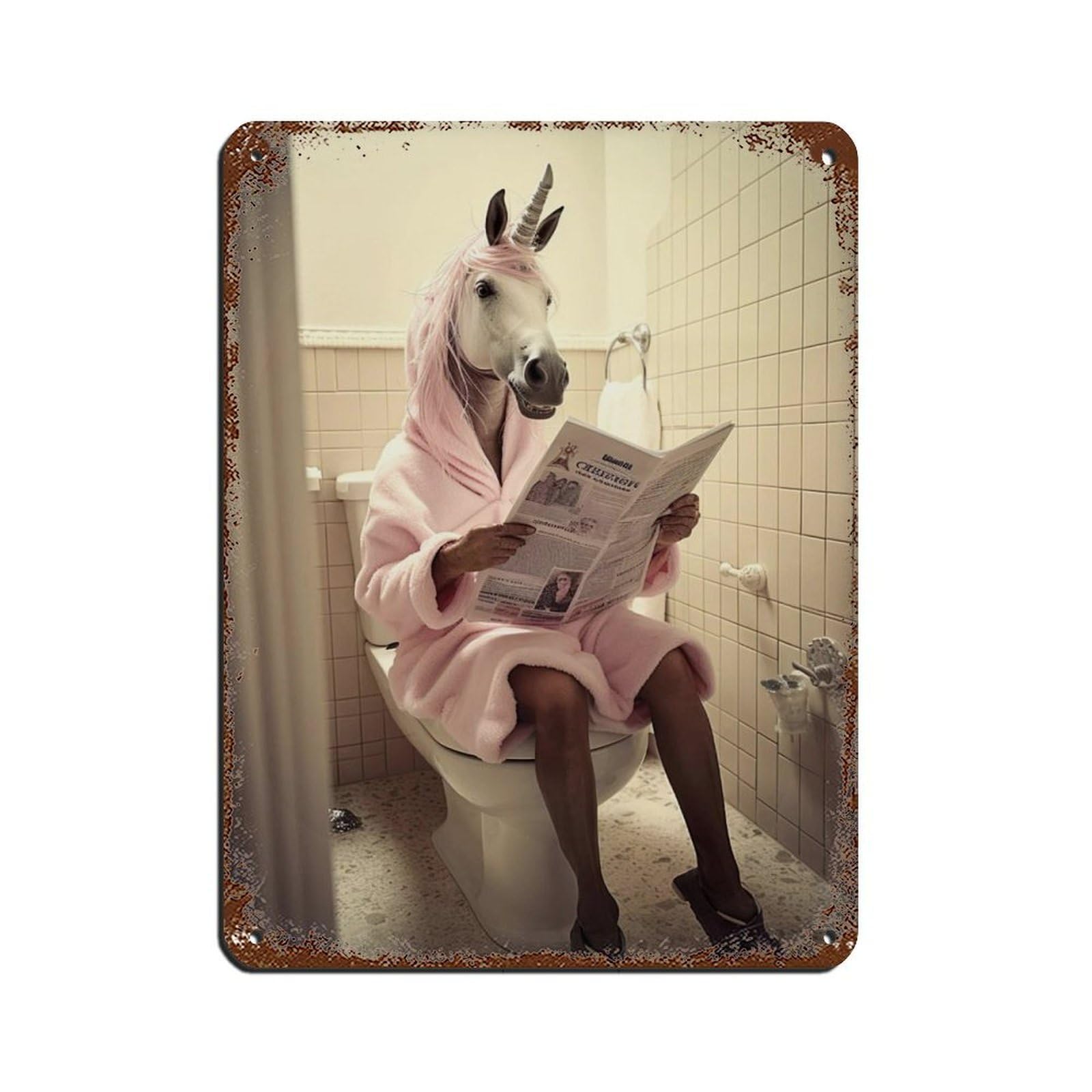 Unicorn Sitting on The Toilet Reading A Newspaper Tin Sign Vintage Metal Pub Club Cafe Bar Home Wall Art Decoration Poster Retro 12x16inch(30x40cm)