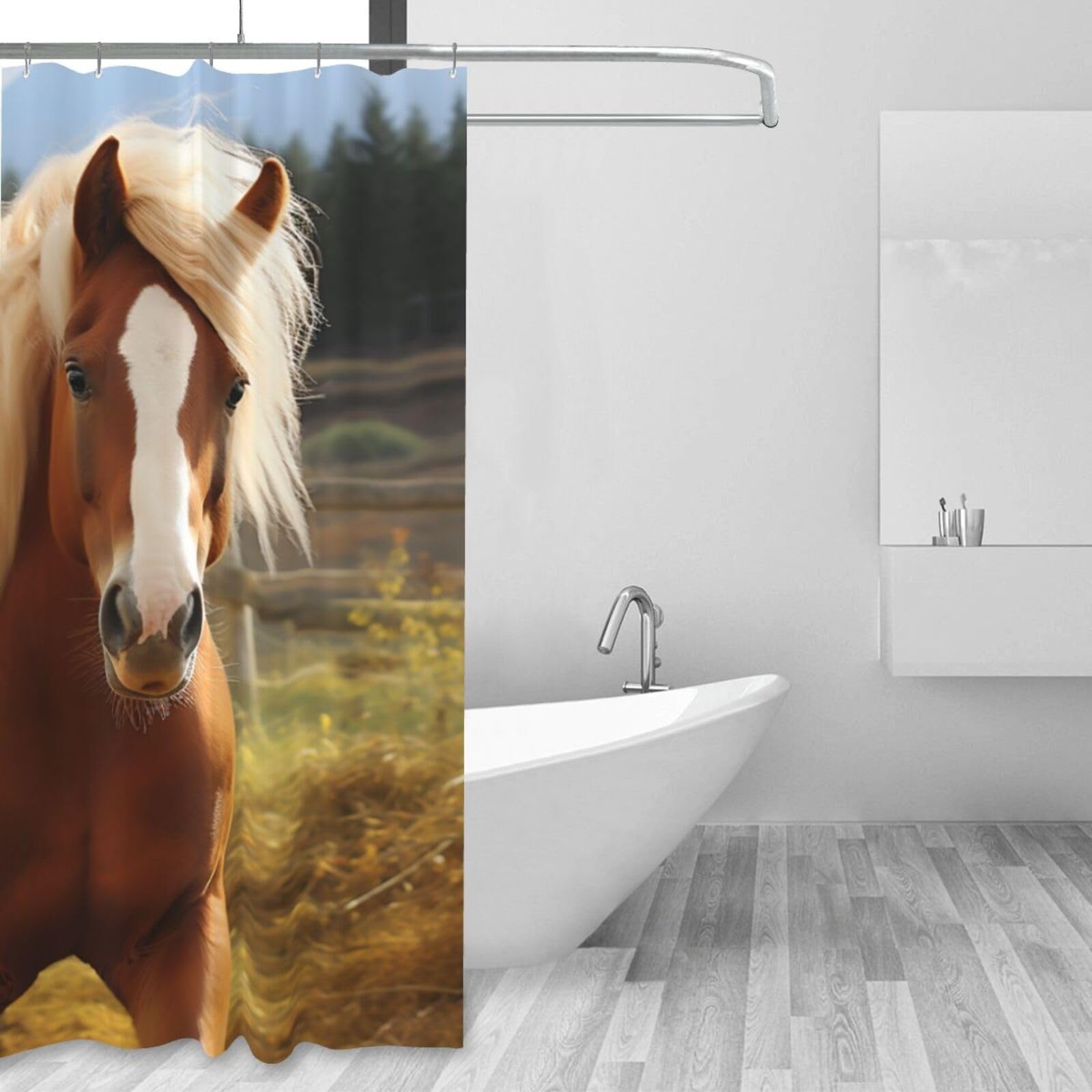 Rideau de douche cheval marron en tissu imperméable pour transformer le bain des enfants