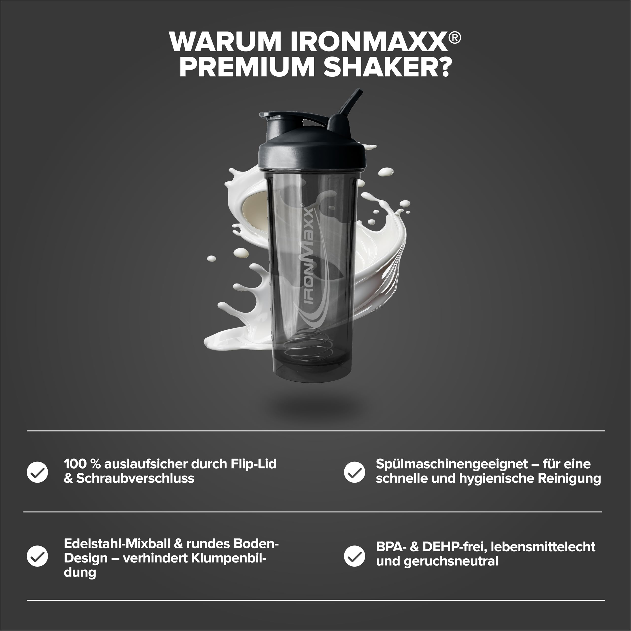 IronMaxx Premium Shaker Deep Black 700 ml, shaker do białek z kulką filtrującą i skalą | Hermetyczna butelka z tworzywa AS+PP | do kremowych koktajli, gdziekolwiek jesteś