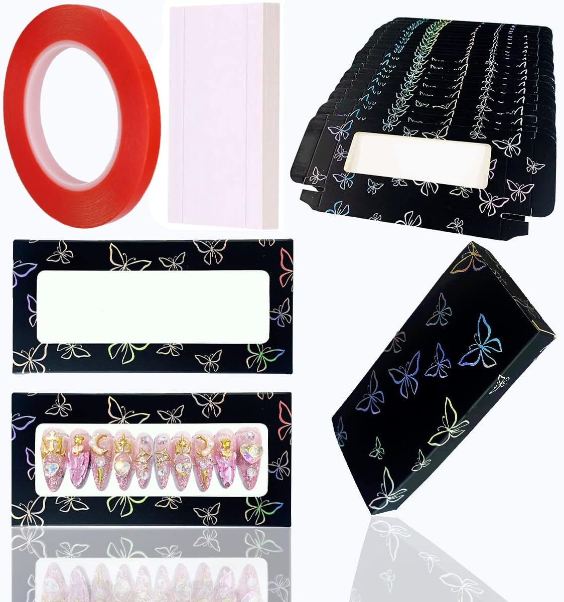 71 Pcs Include 35Pcs Empty Press on Nails Packaging Box 35 Pcs White Background Papers and 1 Double Sided Tape, Empty Nail Package Box Set for Press on Nail Business (Black)…