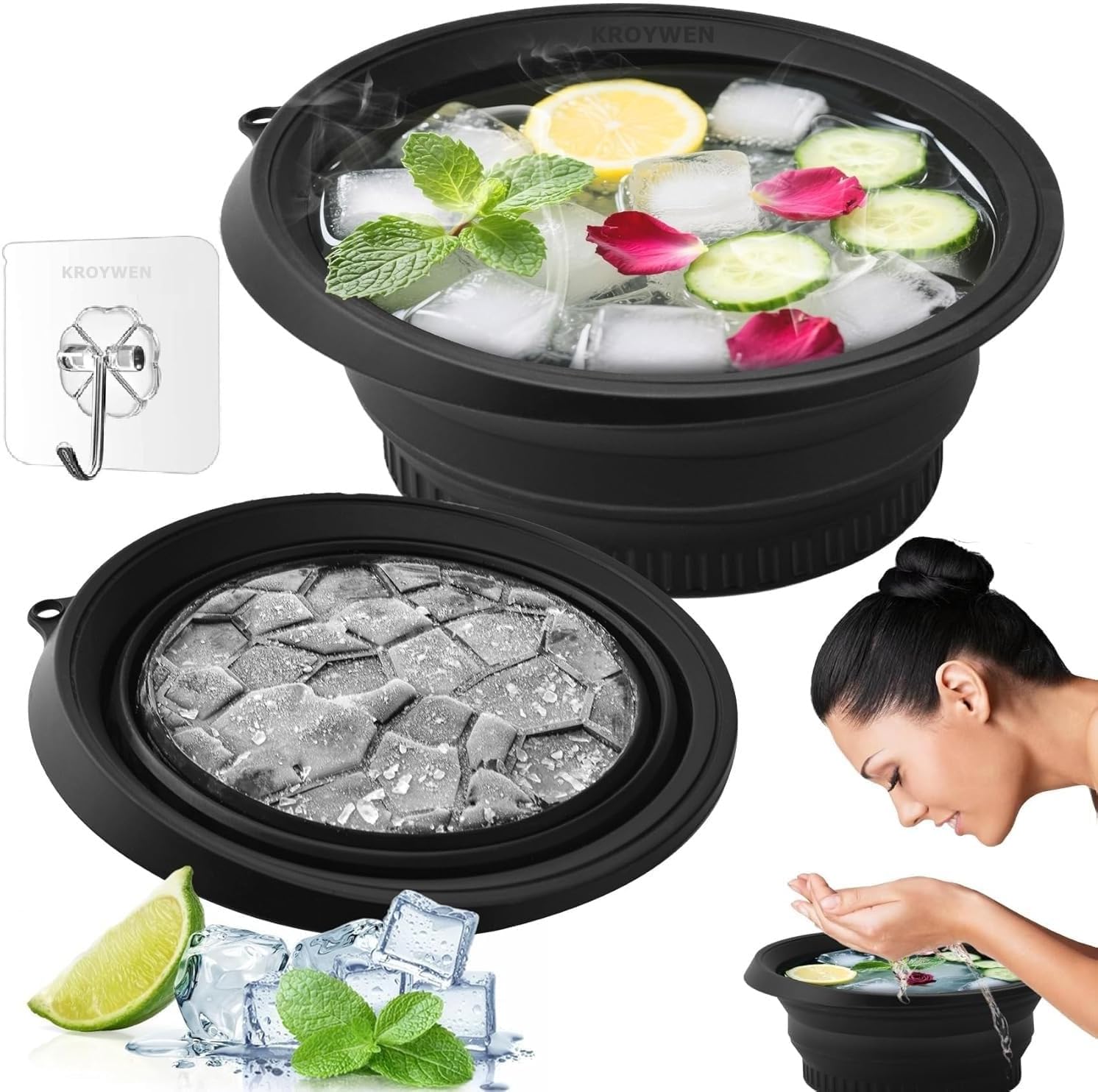 KROYWEN Face Bowl for Ice with Built-in Icetray, Portable Foldable Silicone Ice Facial Bowl, for Home Ice Bath Facial,| BPA-Free | for Men and Women (with A Free Hook 2-pic)