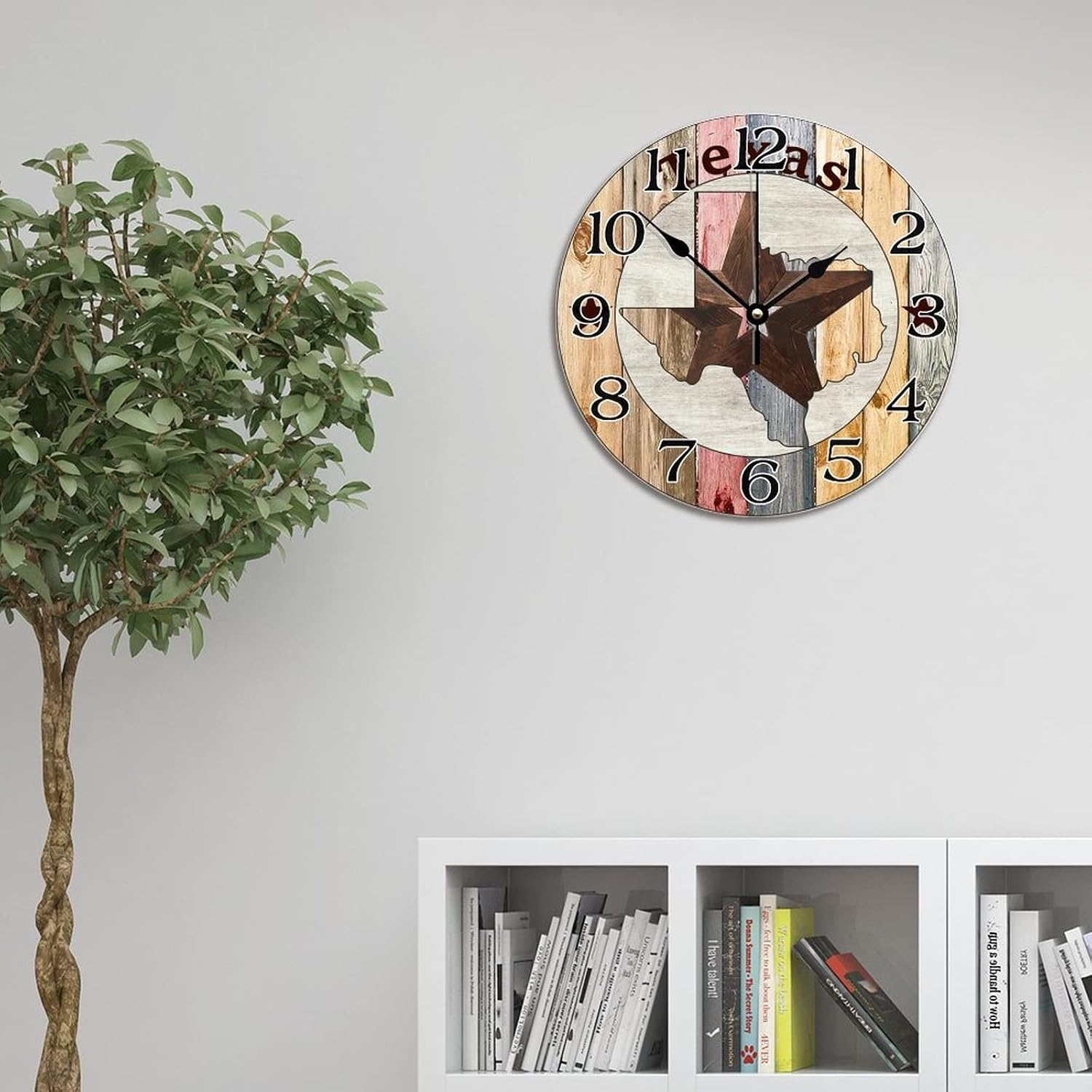 Ancient Western Texas Star Wall Clock Texas Map Clock Rustic Weathered Boards Wall Clocks Battery Operated 12 Inch Non-Ticking Wall Art Time Clock for Living Room Kitchen Bedroom Classroom