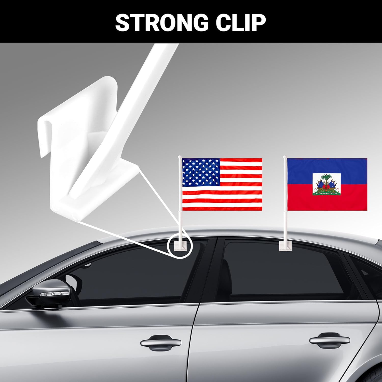 G128 Combo Pack: American USA Car Flag & Haiti Haitian Car Flag 11x17 In | Both Double Sided Printed 150D Polyester | Flagpole Included | Perfect for Festival Celebrations, Parades