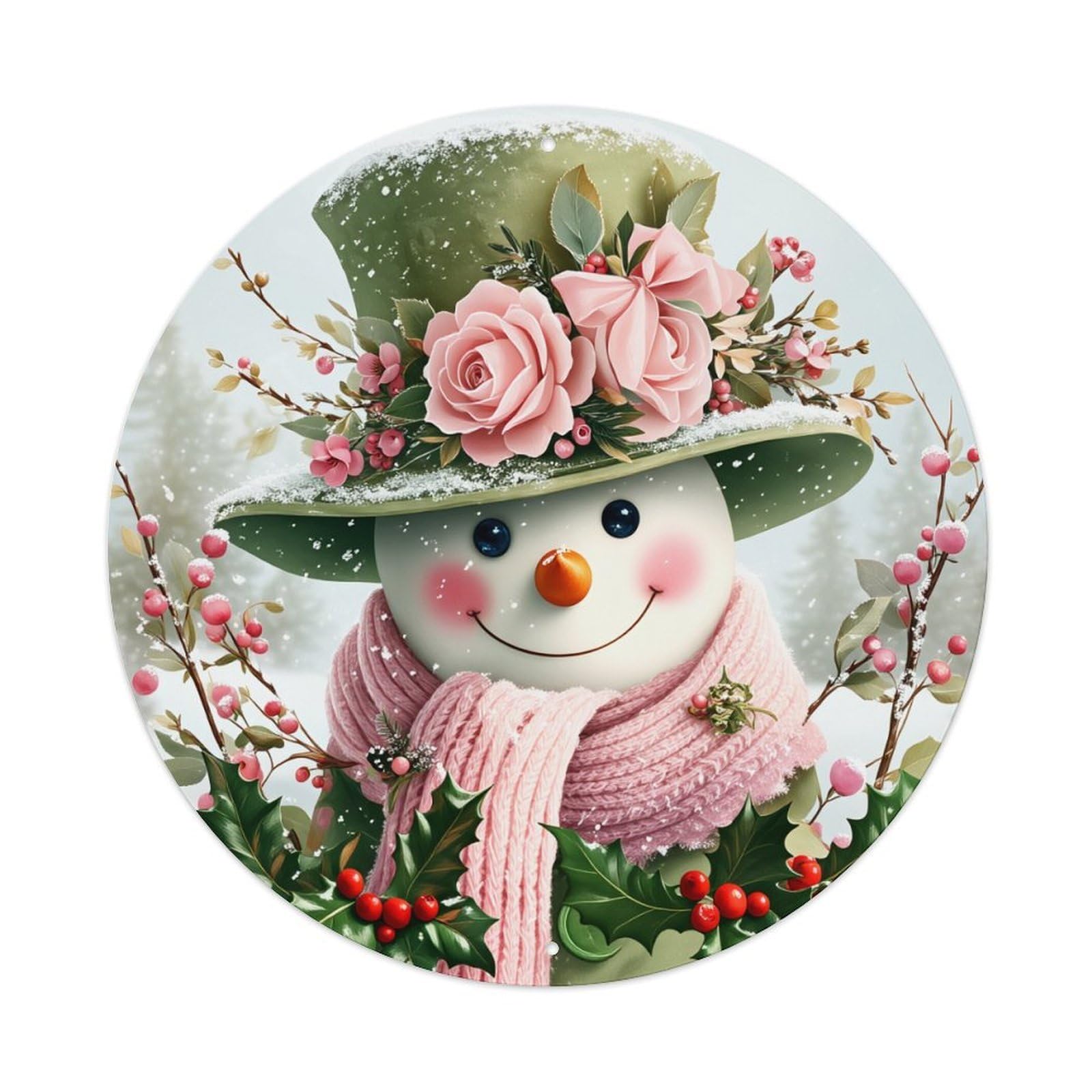 Snowman Hat Flowers Scarf Holly Round Tin Sign Retro Metal Sign for Cafe Bar Pub Home Game Room Gym Club Wall Decoration Vintage Metal Poster 8x8 Inch