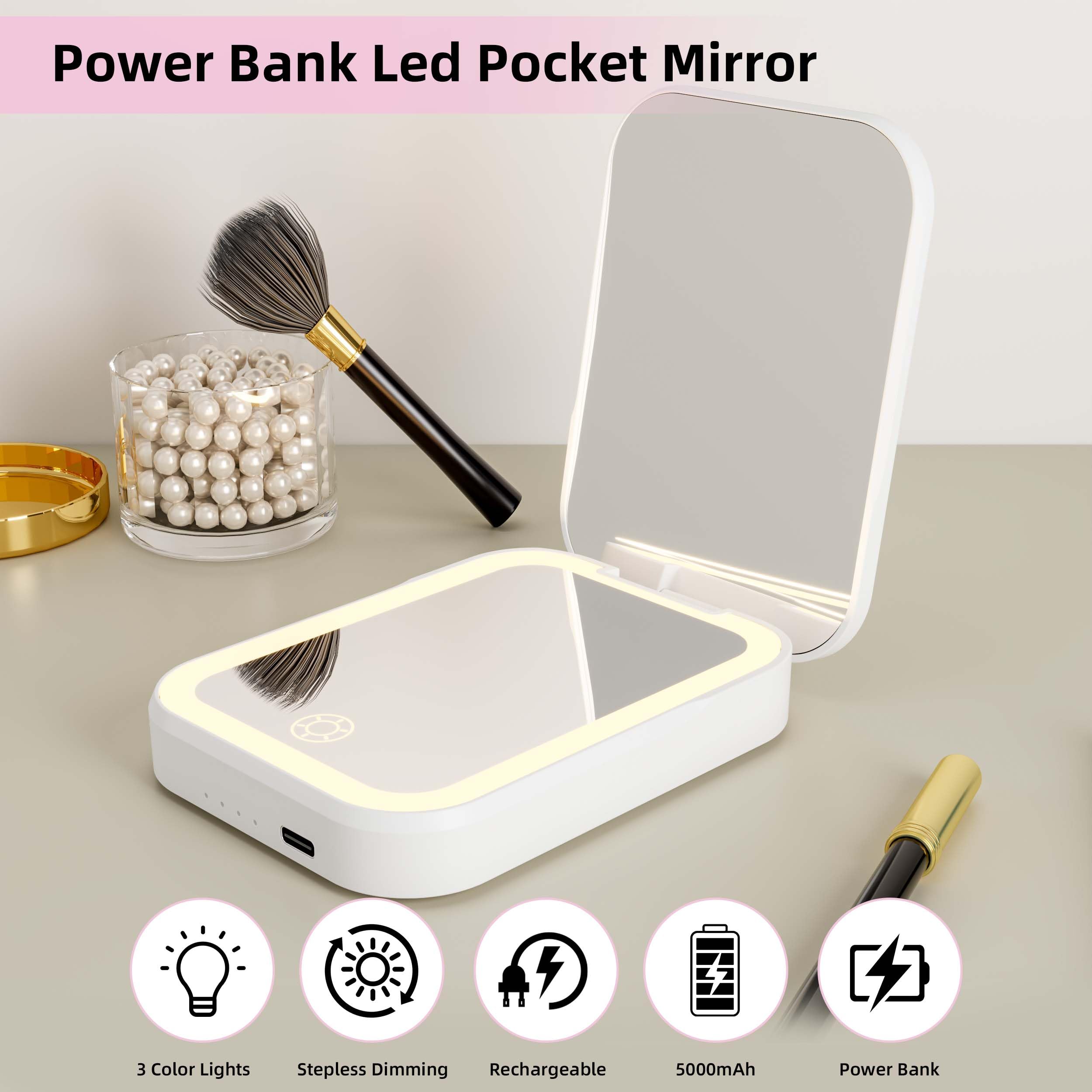 Specchio cosmetico con illuminazione a LED, specchio da trucco senza fili con power bank 5000 mAh, specchio da trucco ricaricabile 2 in 1, portatile per casa e viaggio
