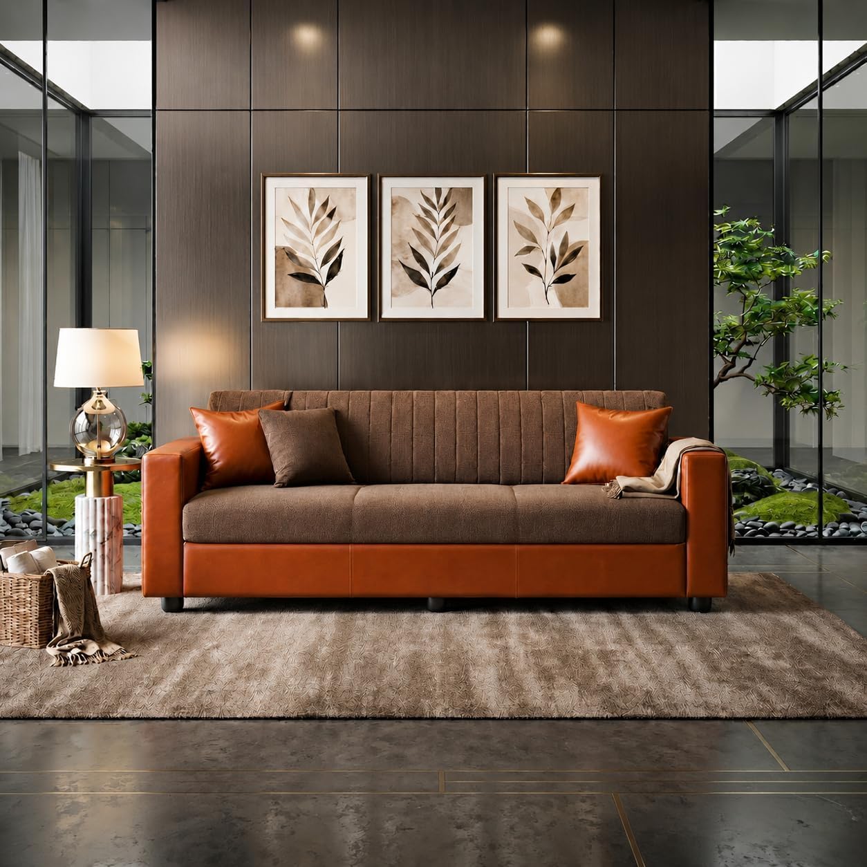 Double Tone 3 Seater Sofa Couch, Upholstered Fabric & Faux Leather Sofa with Channeled Backrest, Living Room Couch with Solid Wood Frame & Pillows, 189 cm (74”) Brown and Tan-image-43