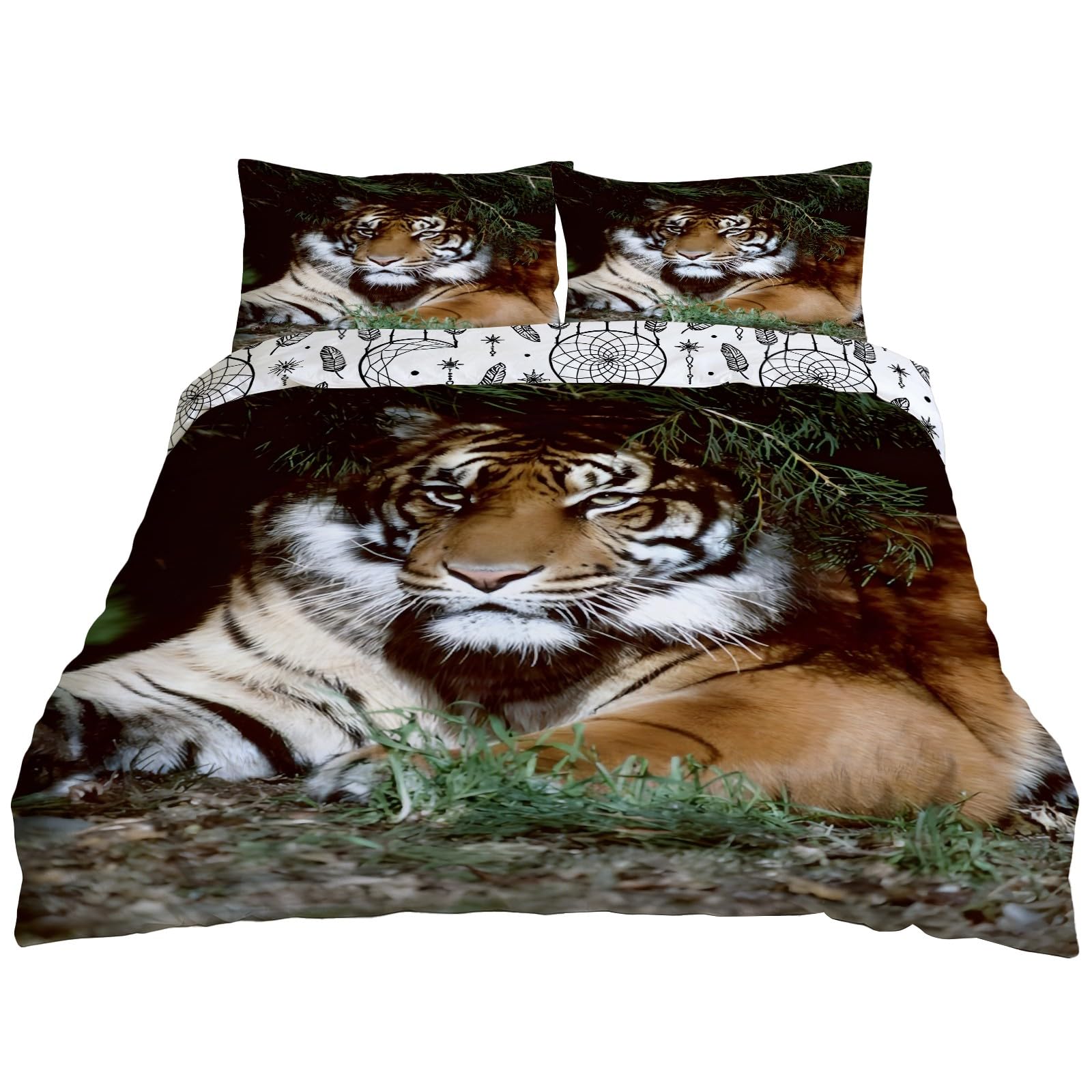 Housse de couette tigre 240x220 parure de lit animaux attrape-rêves microfibre 2 personnes