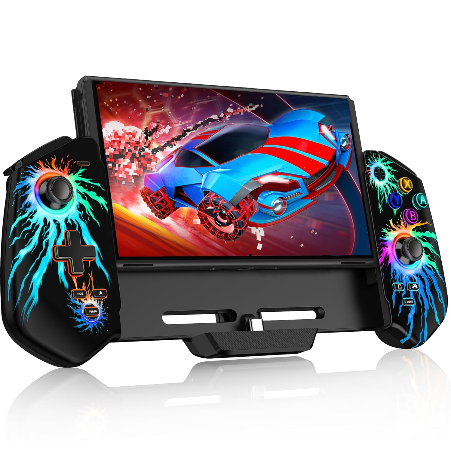 HASACOOL Manette Switch, Switch Manette pour Switch/OLED Mode Portable avec Bâtons à Effet Hall/Turbo/Support de Table/Gyroscope à 6 Axes, Grande Poignée Manette de Switch(Feu)