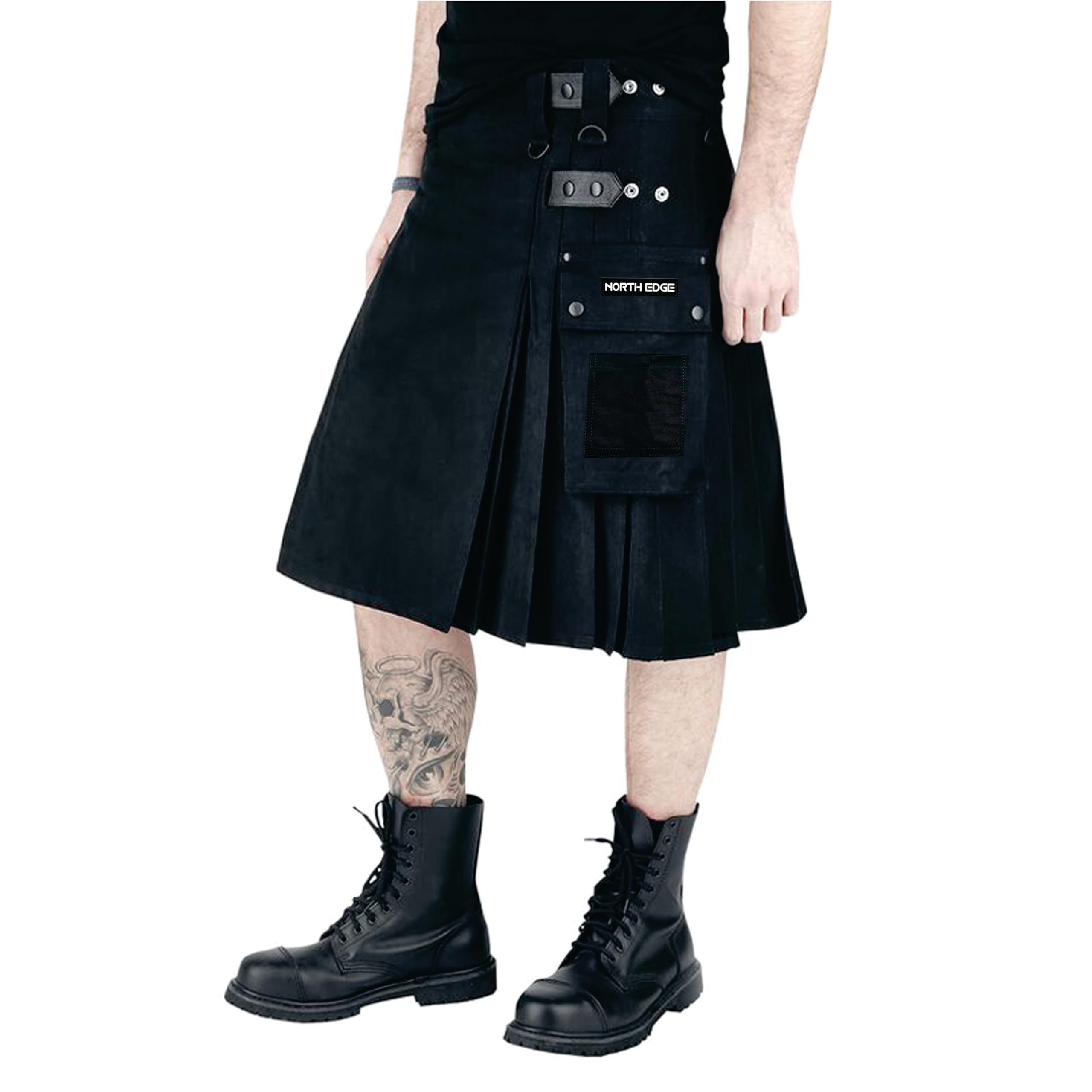 NORTH EDGE Men Hybrid Utility Kilts Traditional Highland Scottish Modern Hybrid Kilts - Men Scottish Black Cotton Kilt Adjustable Straps Skirts (Utility Kilt, 30)
