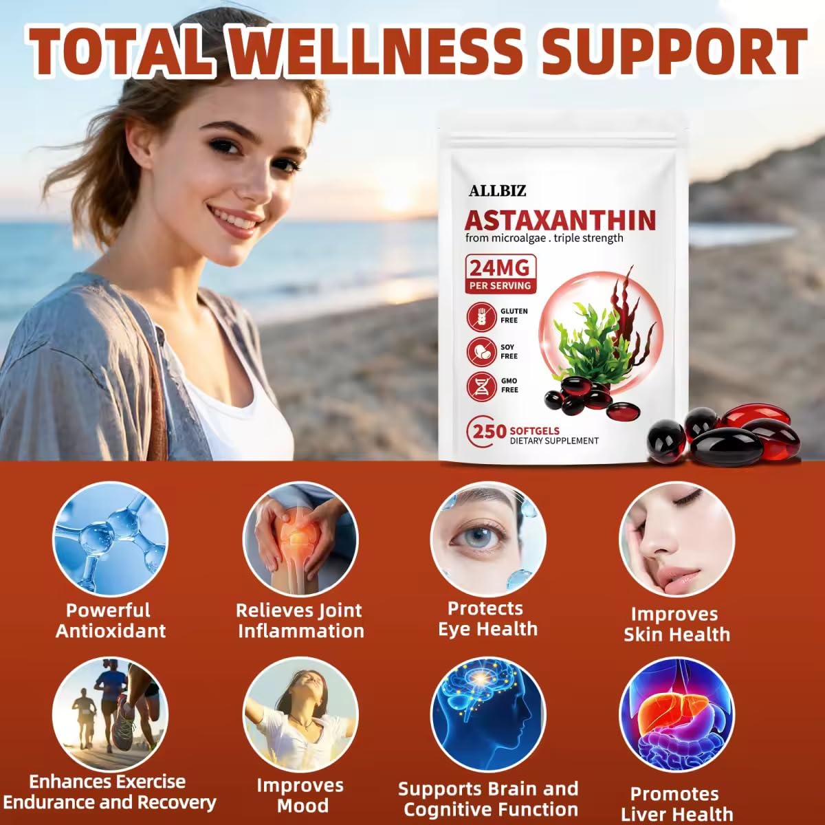 ALLBIZ Astaxanthin 24mg | 250 Softgels | 250-Day Supply | Premium Antioxidant Supplement Supports Eye, Skin, Brain & Liver Health | Natural Microalgae Source, Non-GMO, Gluten Free — Amazon image 4
