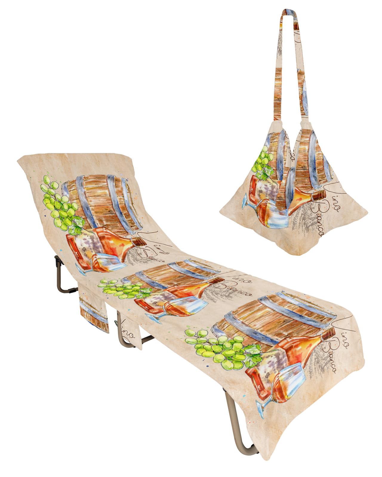 Wine Barrel, Beach Lounge Chair Towel Cover, Soft Chaise Lounge Towel with Side Pockets Patio Pool Chairs Cover for Beach/Pool Sunbathing 29x85 Vintage Farmhouse Shabby Chic Bottle Brown