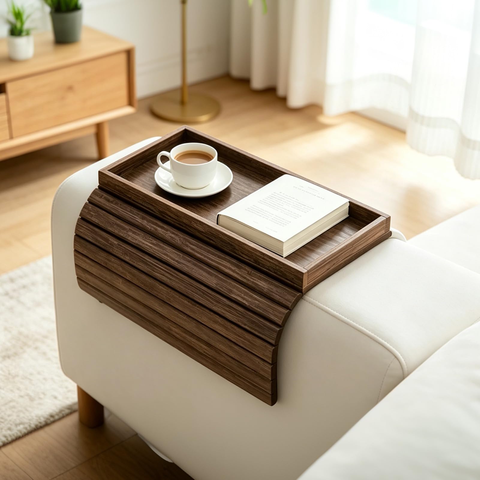 Sofa Armrest Tray, Wooden Sofa Arm Tray Table with Non Slip Backing, Foldable Couch Arm Tray for Drinks, Snacks, Remote Control and Phone, Sofa Arm Table for Living Room