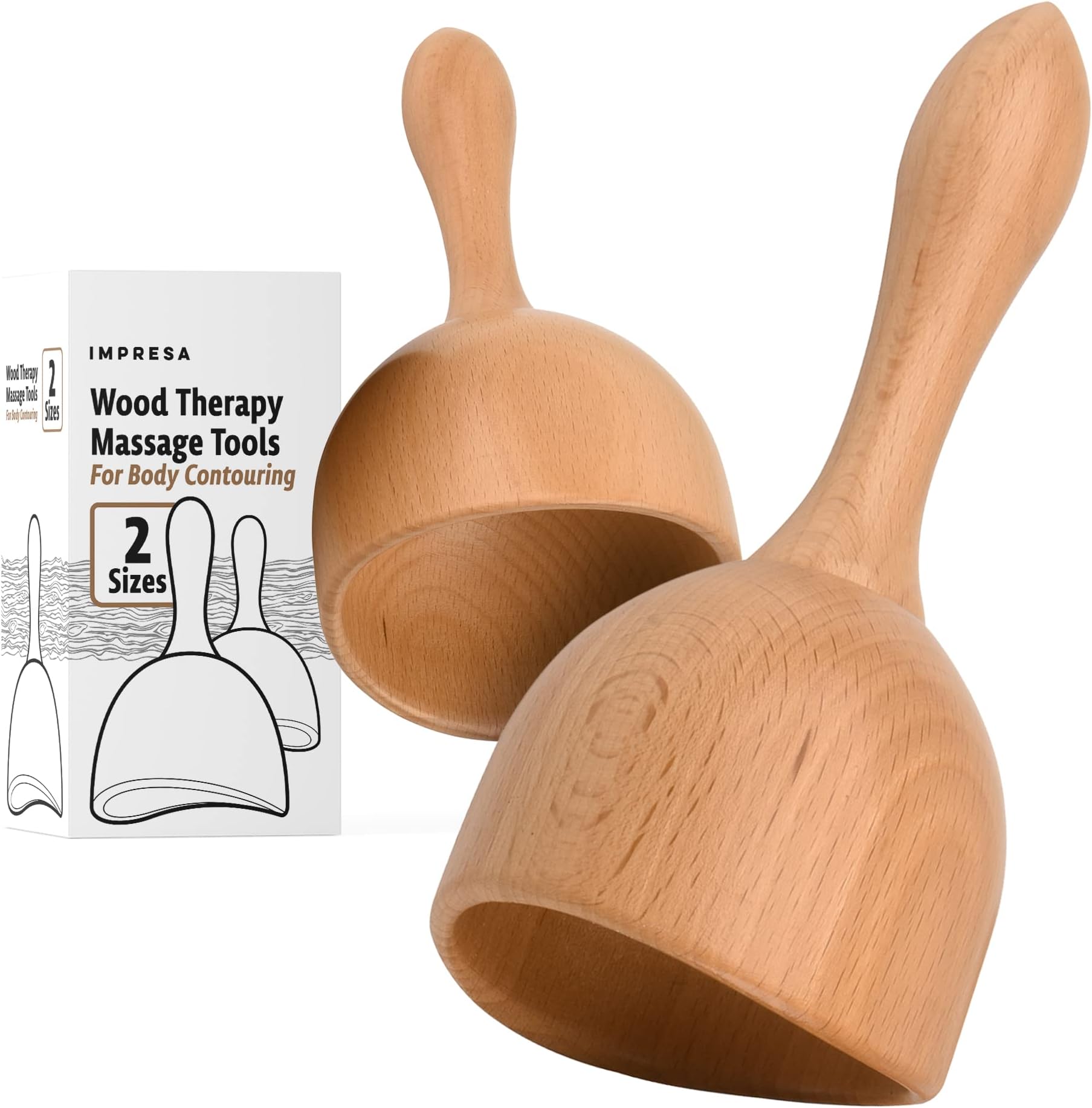 [2 Sizes] Wood Therapy Massage Tools for Body Contouring - Lymphatic Drainage Massager to Help Reduce Appearance of Cellulite - Body Shaping Maderoterapia Kit - Copa Sueca Wood Massage Tools