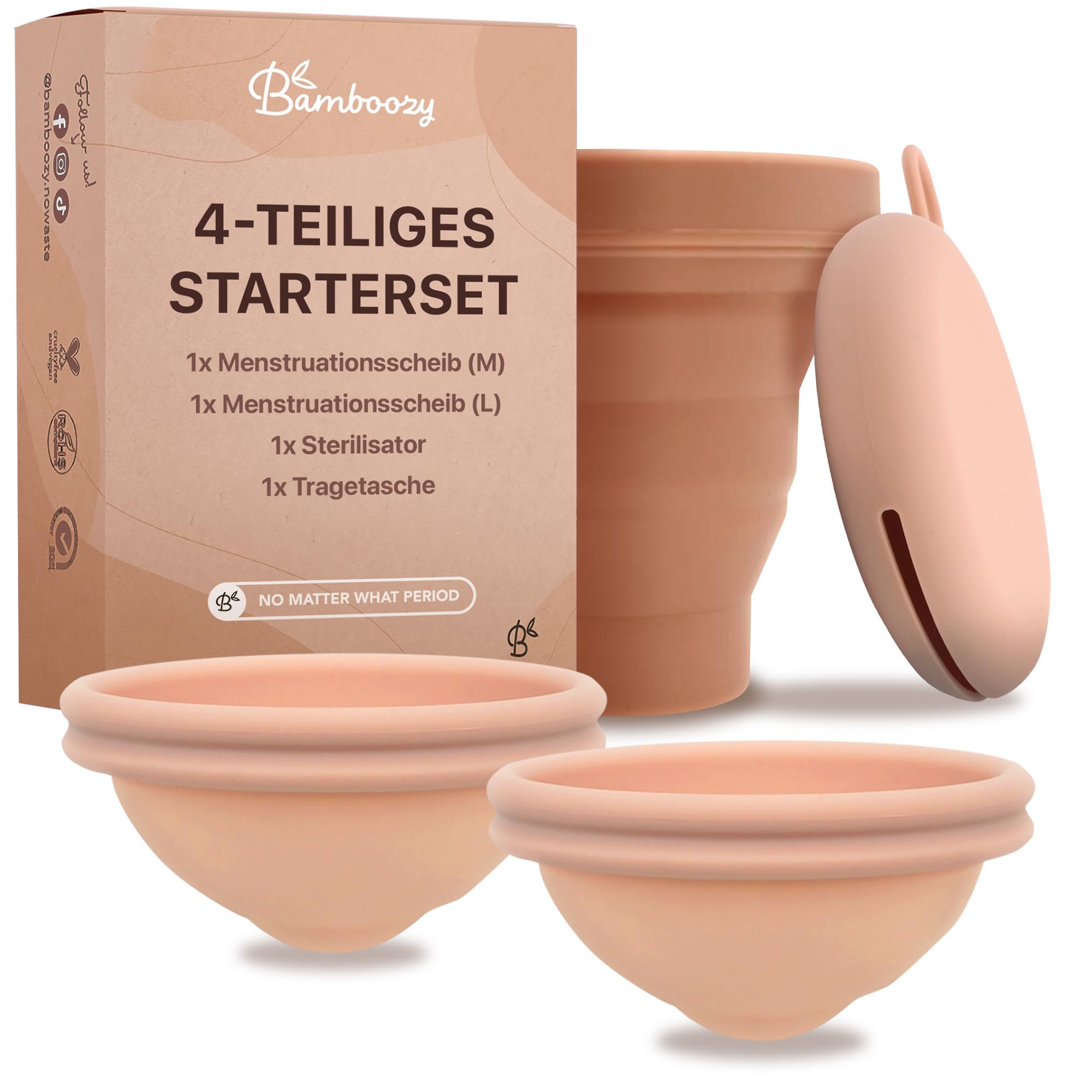 Bamboozy Menstruationsscheibe Starter Set - 2 Periodenscheiben (M+L), Sterilisator und Lagertasche - Wiederverwendbare Discs für alle Strömungen - Sicher bei Sport und Schwimmen
