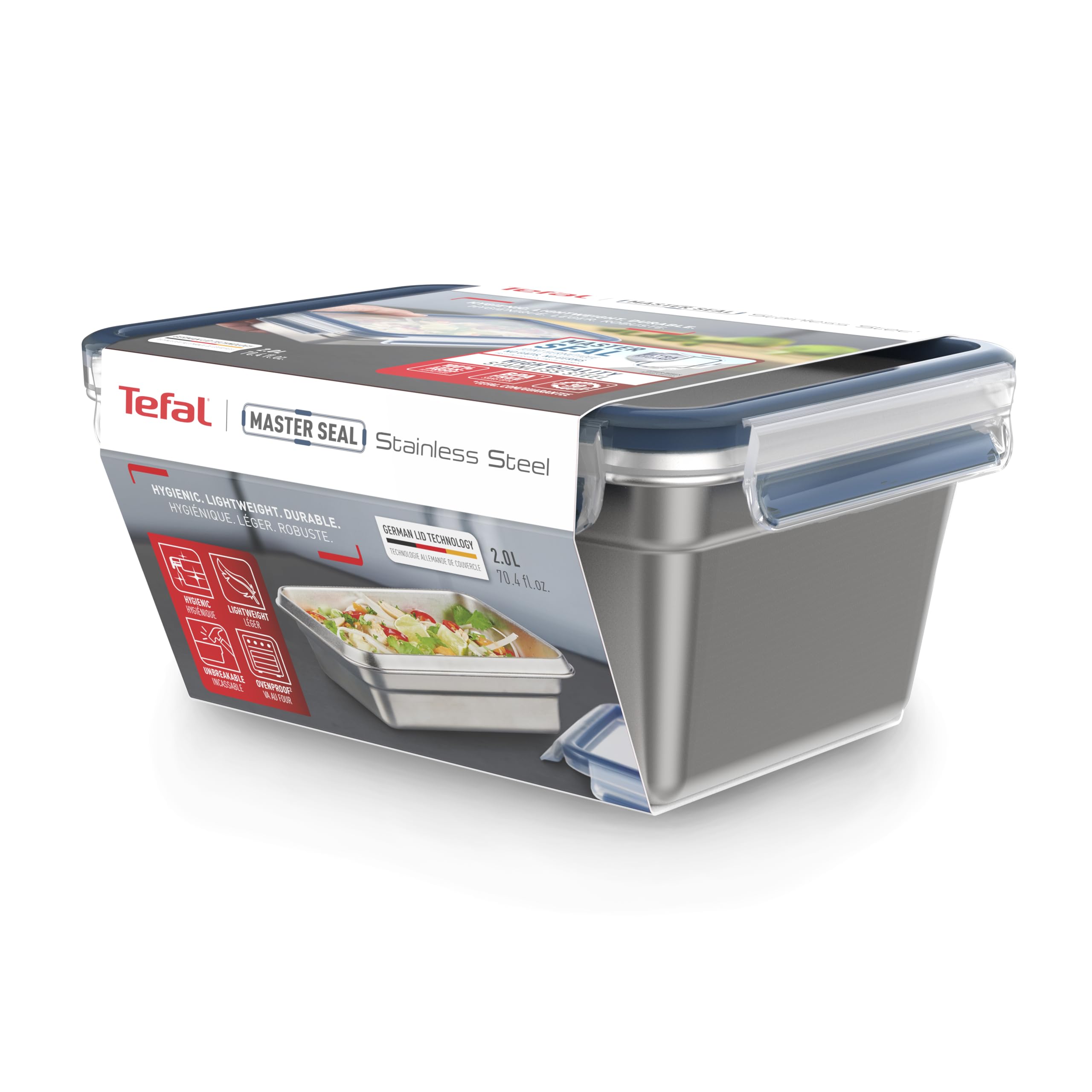 Tefal N1150610 MasterSeal Edelstahl Frischhaltebehälter, langlebig, leicht und hygienisch 304 Edelstahl, auslaufsicher, frostsicher, spülmaschinenfest, backofenfest, deutscher Clip-On-Deckel, 2,0L