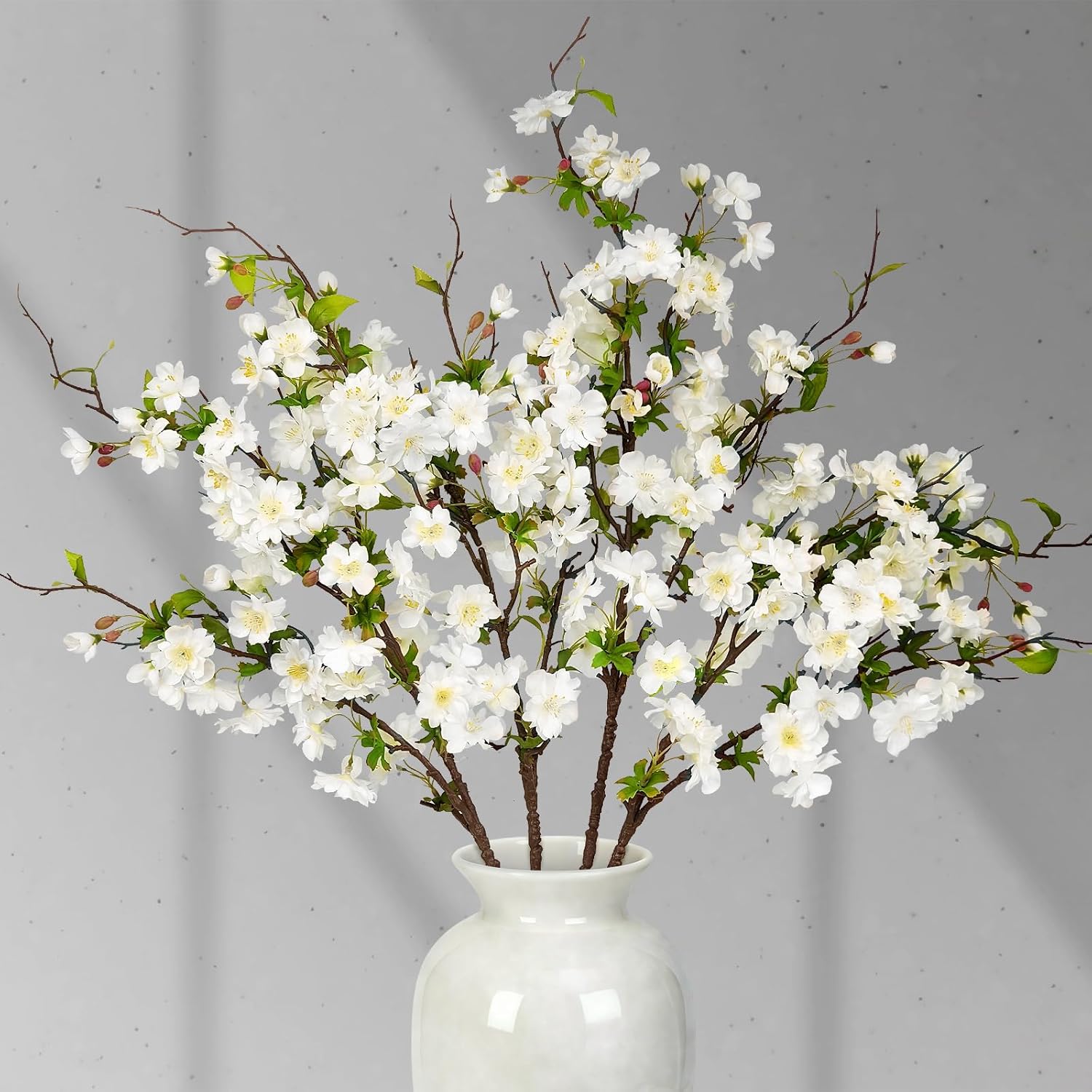 Artificial Cherry Blossom Branches 31.5'', 4 Pack Faux Spring Flowers for Tall Vase, Realistic Flower Stems for Home Decor, Wedding, Easter, Table Centerpiece and Party Decor (Pure White)