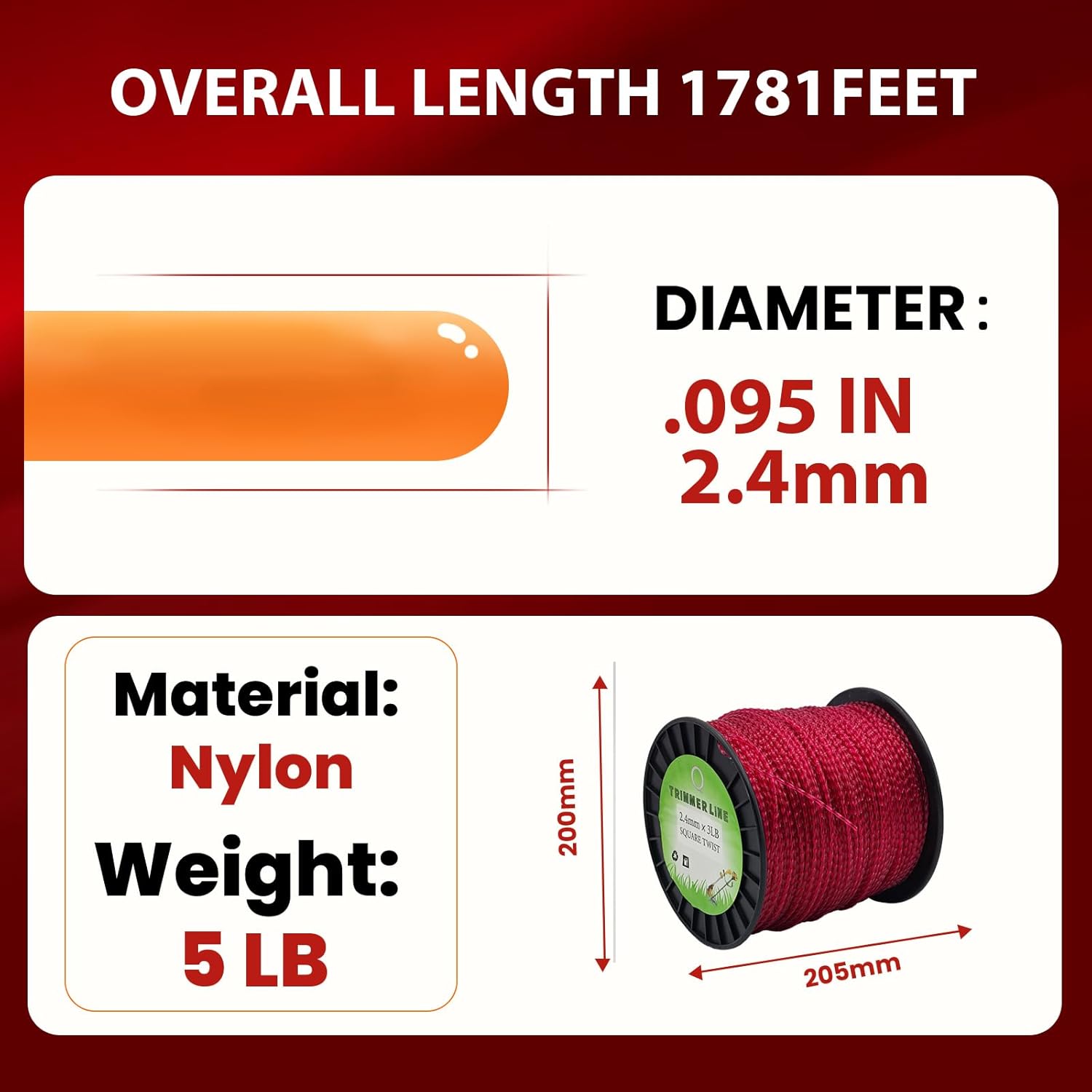 .095 Inch 5 LB Spiral Twist Commercial String Trimmer Line in Spool, Weed Eater String-1781Ft Fits Most String Trimmer(Red, 5LB Twisted 0.095")