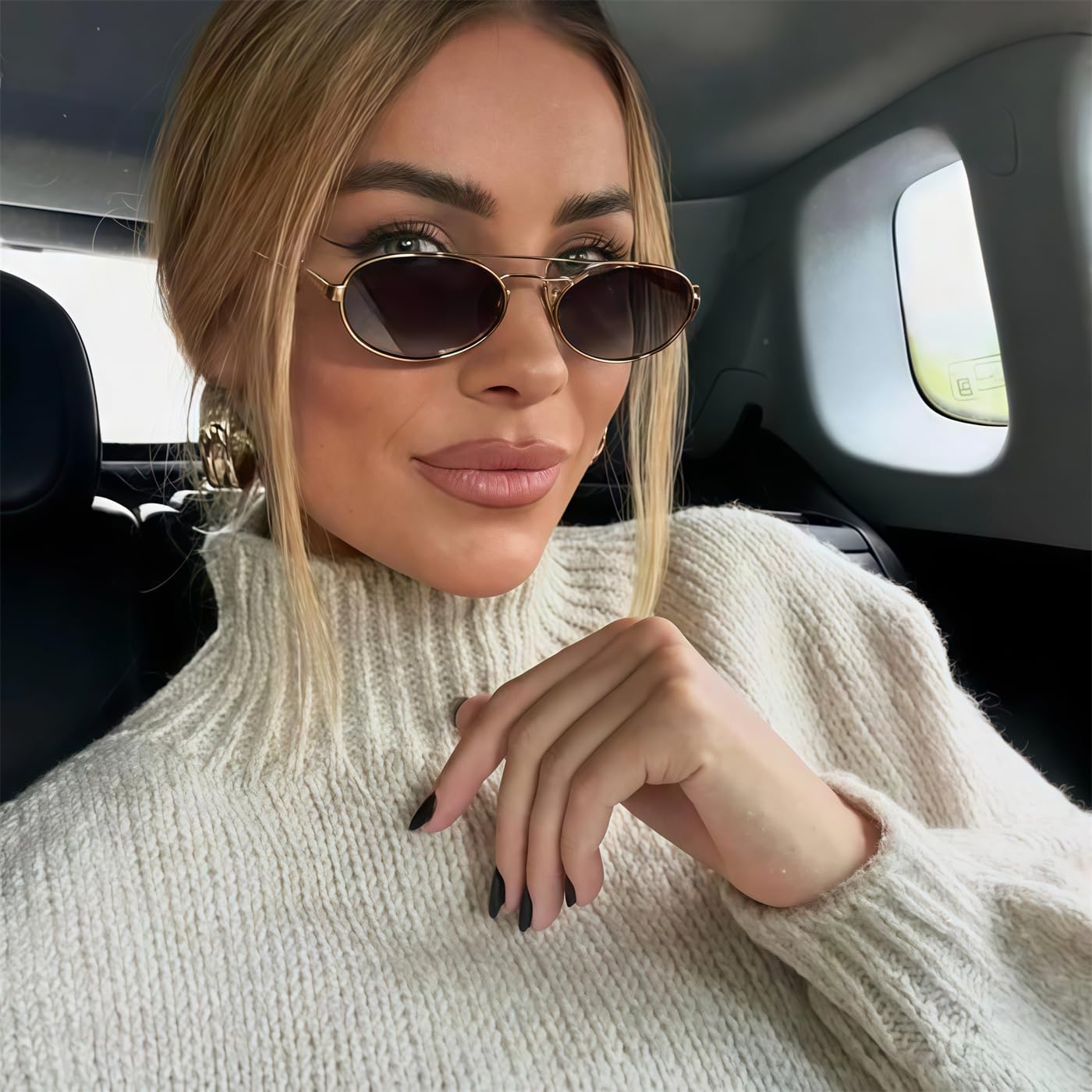 Rmerom Lunettes de soleil ovales rétro en métal des années 90 pour femme, lunettes de soleil tendance chic étroites dorées