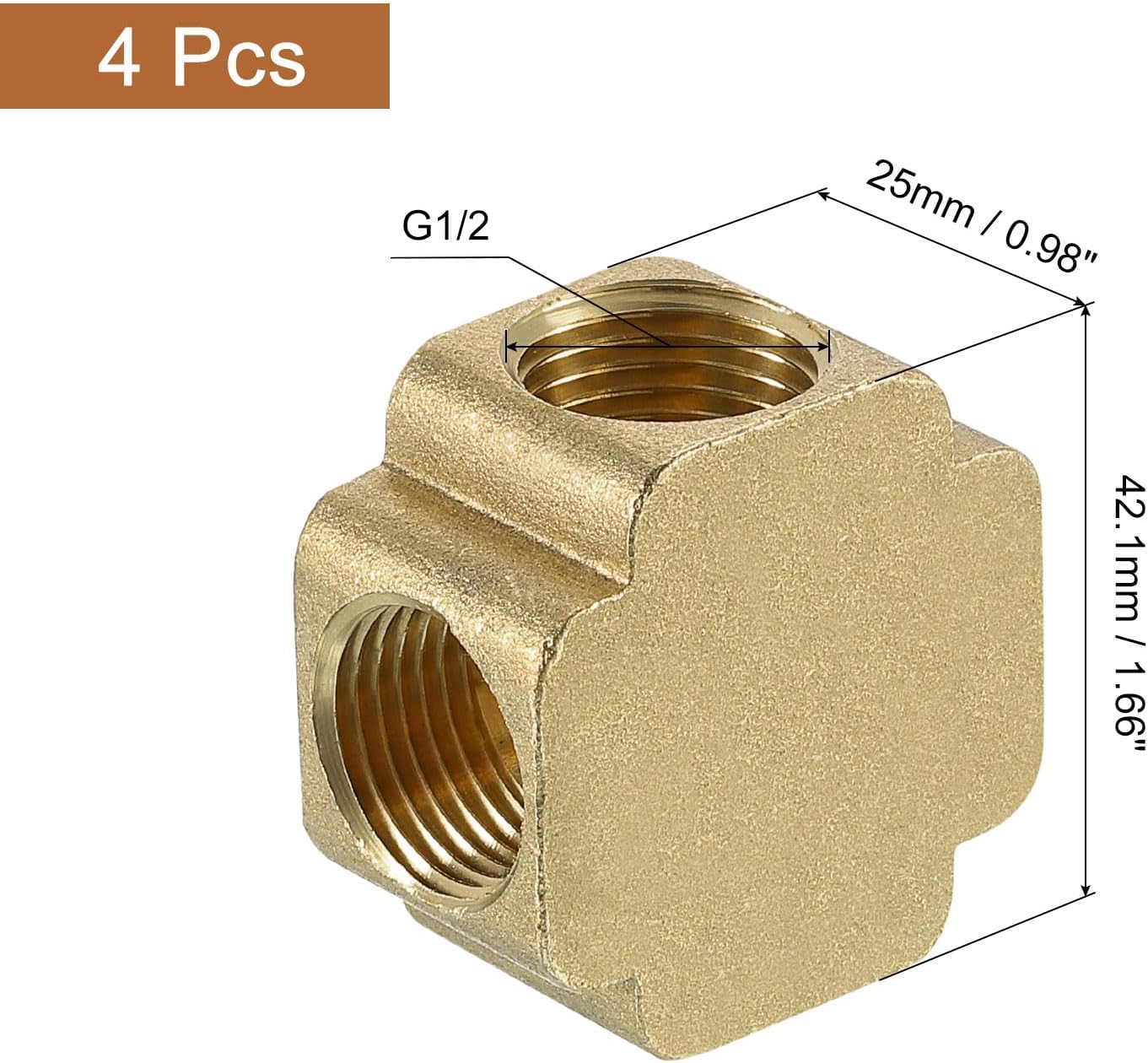 uxcell 4Pcs Brass 4 Way Pipe Fitting, G1/2" Female Barstock Cross Fitting Pipe Adapter for Water/Fuel/Air Transport Connect Pipelines