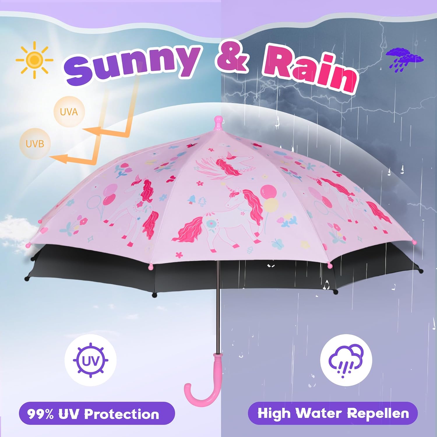 2 Pack Kids Umbrellas, Toddler Umbrella for Girls Age 3-10, with Larger 35" Arc Perfect Size, Windproof and UV/Sun Protection, with Easy-Grip Hook Handle, Unicorn Pink and Purple