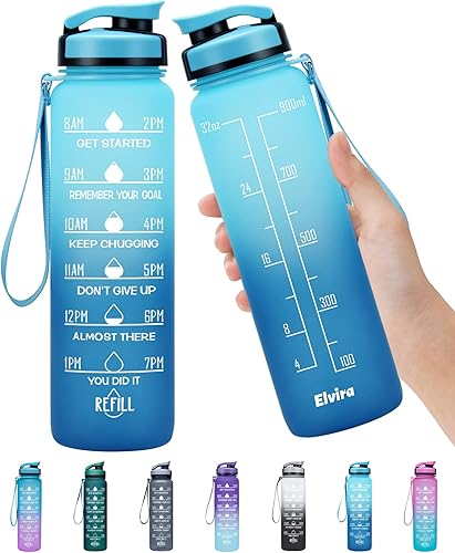 Elvira - Botella grande de 32 onzas para agua, con marcador de tiempo motivacional y colador extraíble, flujo rápido, sin BPA, no tóxico, para