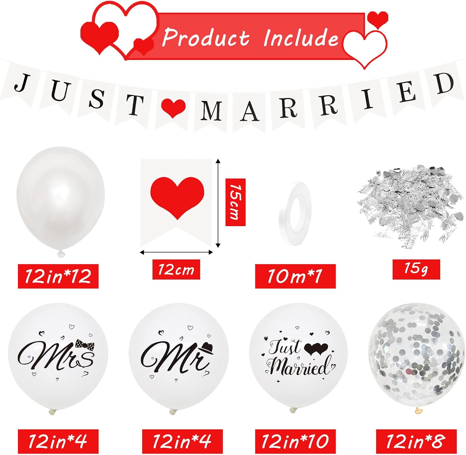 Just Married Wedding Decoration with 38 Balloons, 1pcs Just Married Banner - Image 3