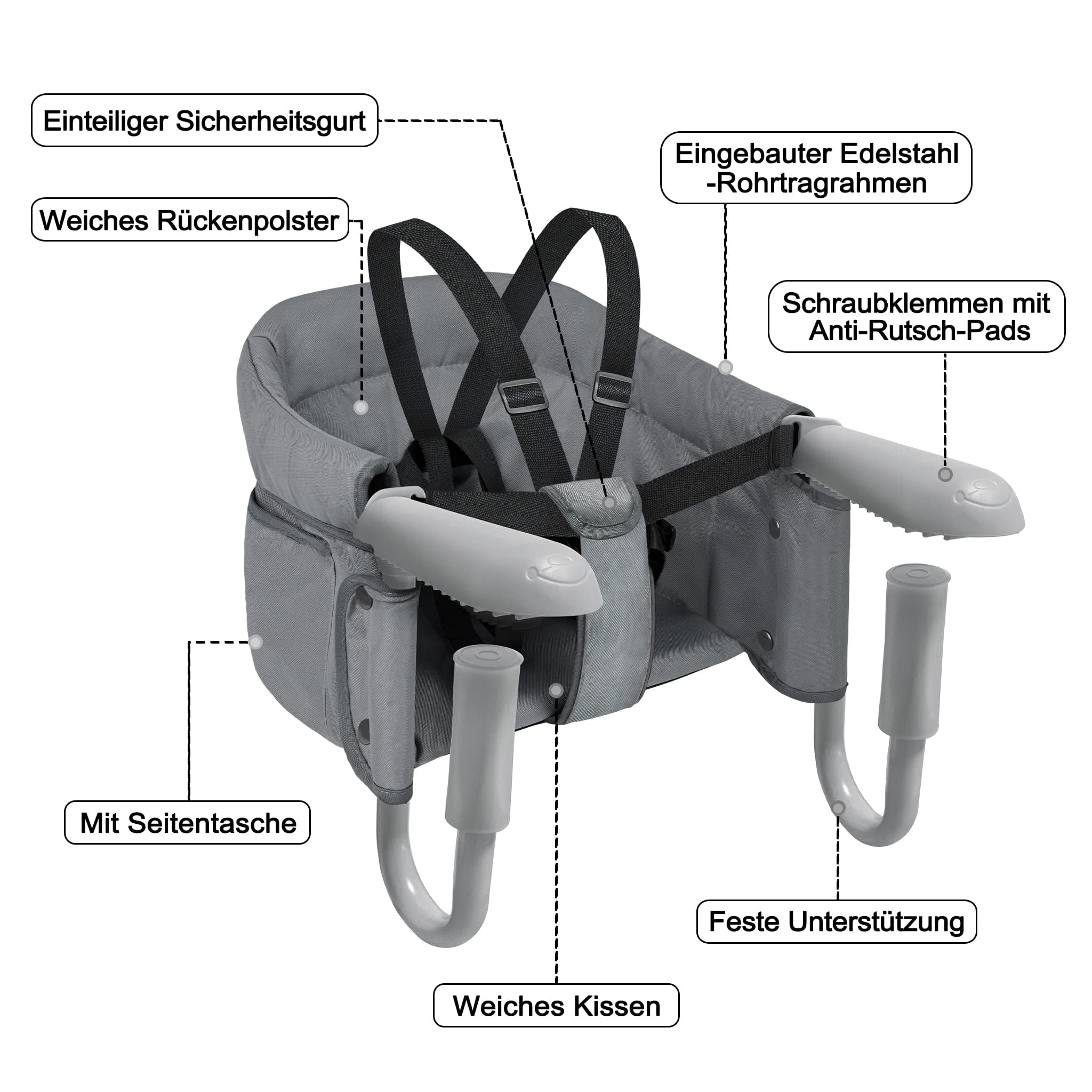 Siège de table pour bébé - Assistance pour enfants - Chaise haute portable pour enfants - Pour la maison et les déplacements - Siège booster avec pinces antidérapantes et sac de siège - Gris