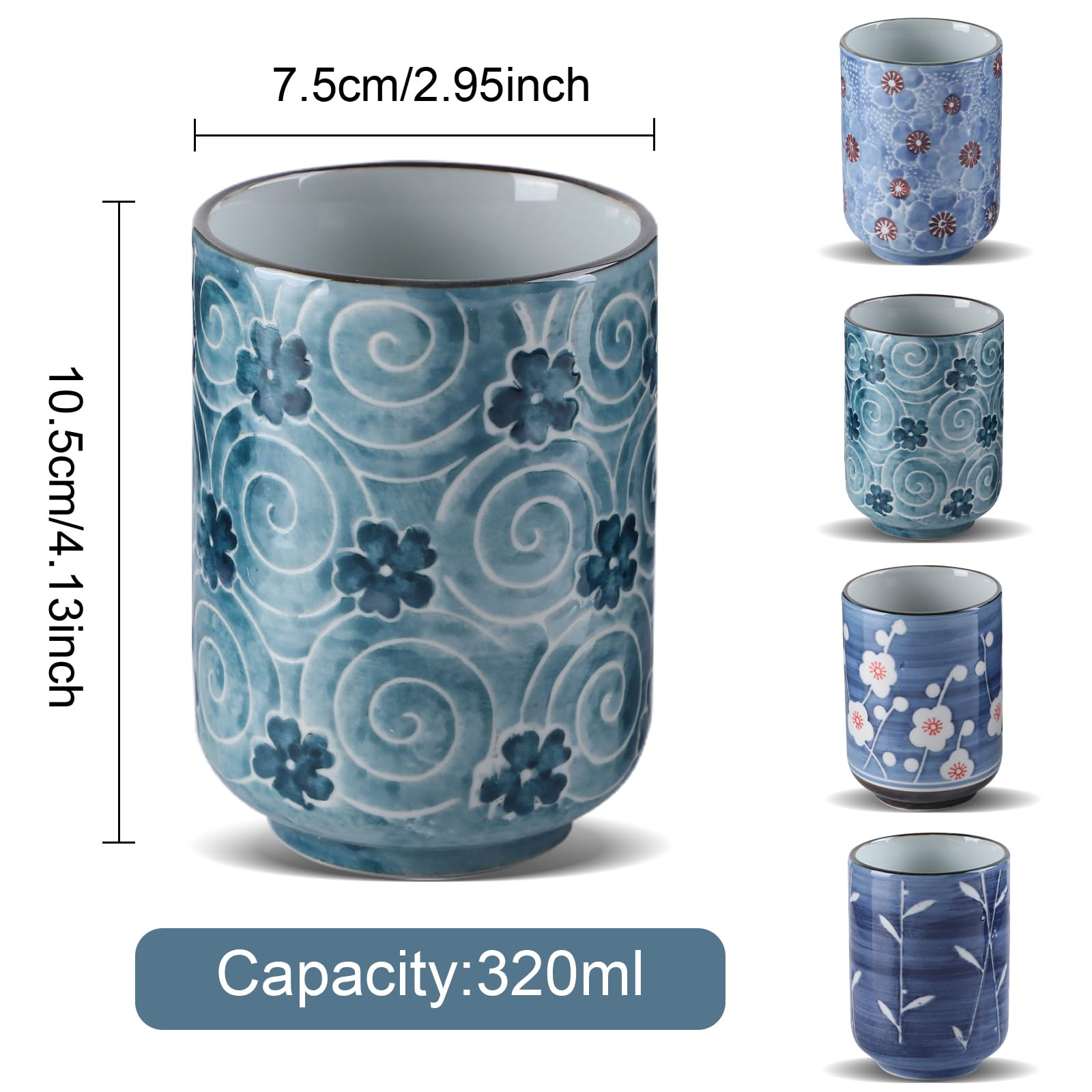 Lot de 4 Tasses Japonaises en Céramique 320 ml - Design Asiatique Sans Anse en Porcelaine pour Thé, Café, Saké - Beau Design Floral