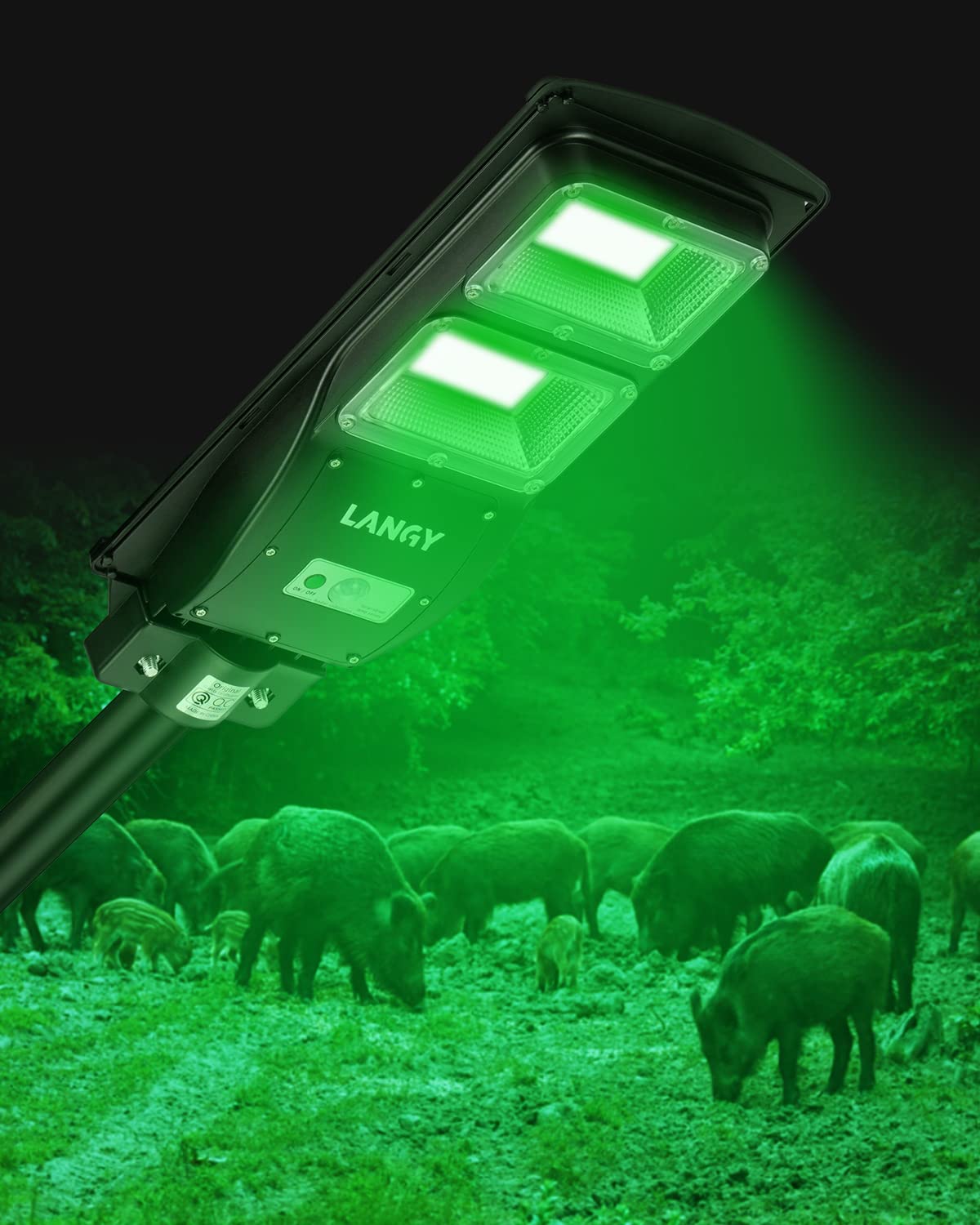 LANGY Hog Hunting Lights, Solar Green Light for Hunting Hogs Deers,Motion Activated Feeder Lights with Remote,19" Bracket is Included