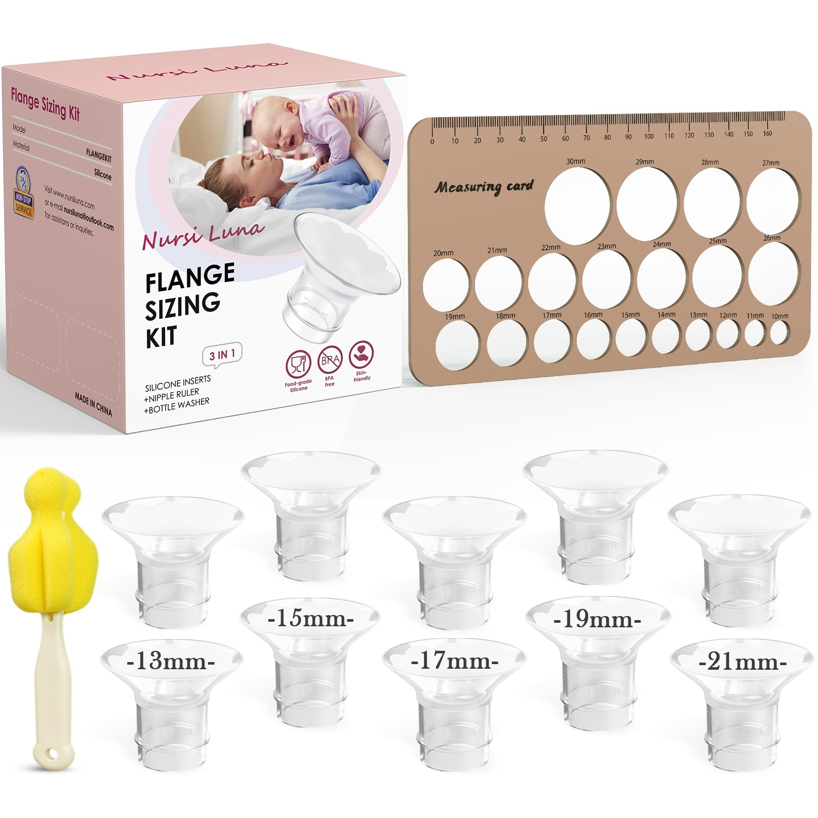 Flange Sizing Kit 3 in 1 with 10PCS Flange Inserts 13/15/17/19/21mm, Silicone Flanges Insert Kit for 24mm Flange/Shield, Pumping Essentials Kit for Moms