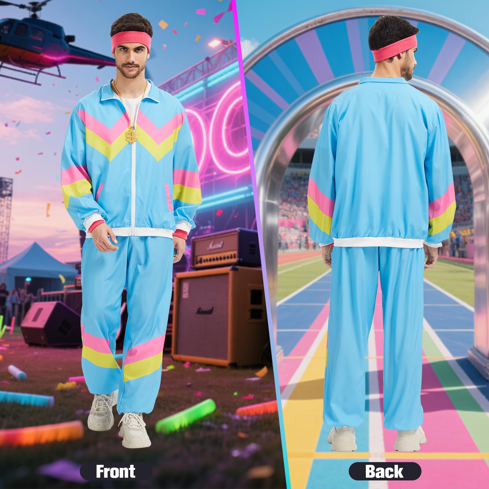 rumnigh 80s 90s Fancy Shell Suit Costume Men Women Adults, 80s Disco Hip Hop Tracksuit for Halloween Carnival Party (Blue, M) - Image 2