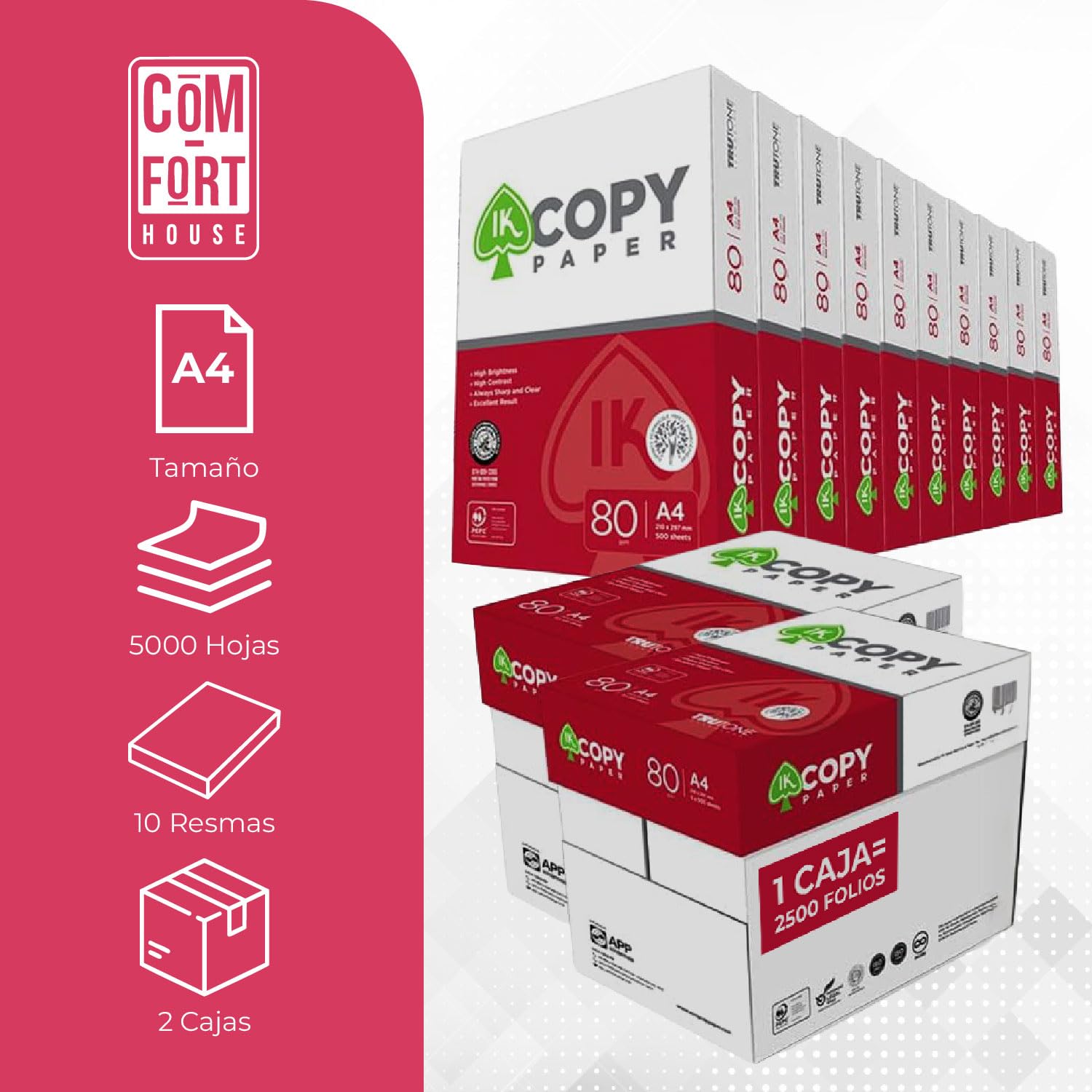 COM-FORT HOUSE Copy Papier DIN A4 80 Gramm 10 Packungen à 500 Blatt (5.000 Blatt A4)